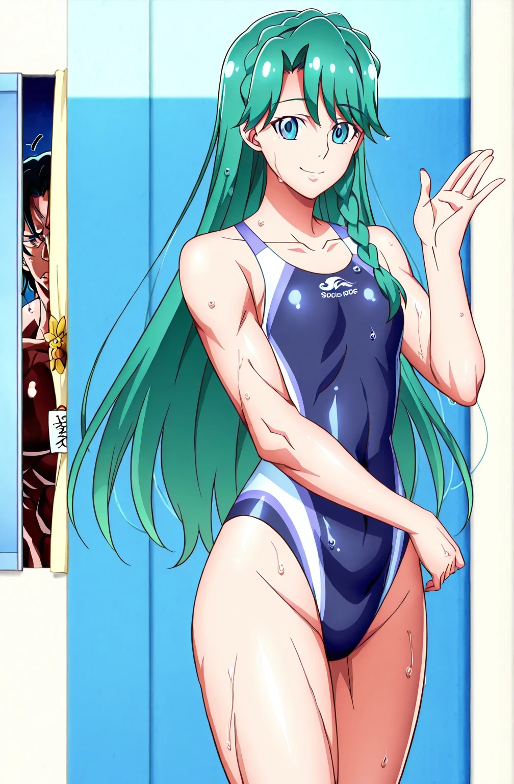 score 9 、score 8 up、score 7 up、source anime、傑作、best quality、best resolution、best image quality、anime coloring、anime screencap、anime screenshot、1man、kaidou minami is a male、anime man in a light blue and purple swimsuit on the beach waving、long green haired man、blue eyed man、braid、is wearing a swimsuit、bare shoulders、bare arms、bare crotch、bare thighs、bare legs、zodiac man knight、very tall man、high leg cut racing swimsuit、outfit:high leg cut swimsuit、(manly:1.8)、wet swimsuit、high leg cut racing swimsuit、light blue and purple competition swimsuit、Wear a competition swimsuit、high leg cut、commission of a best resolution、beautiful atmosphere、cool atmosphere、androgynous atmosphere、beautiful androgynos、black high leg cut racing swimsuit、collarbone、trapezius、biceps、biceps short head、biceps long head、triceps、triceps medial head、triceps lateral head、triceps long head、anterior deltoids、middle deltoids、posterior deltoids、brachioradialis、thigh muscles、semitendinosus muscles、hamstrings、adductor magnus muscles、covered midriff、covered abs、covered stomach、covered navel、man is wearing a Swimming Suits for Competitions、man in a female competition swimsuit、Swimming Suits for Competitions、light blue and purple competition swimsuit、looking at viewer、cowboy shot、(male body:1.8)、(manly face:1.8)、elegant smile、bulge large underneath outfit、