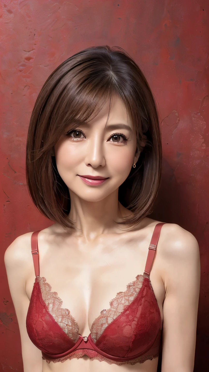   very detailed,  masterpiece ,  Highest Quality, (( realistic)) 、((mature 55 year old Japanese middle-aged woman:1.3)) ,  beautiful detailed eyes 、natural makeup、(()), ( Slim, skinny body:1.6)、((light brown hair 、straight medium hair )), Elegant and sophisticated 、(( from waist to head with camera ))、((red brown lace bra))、((dark wall background ))、((Smile))、professional cool writing、 