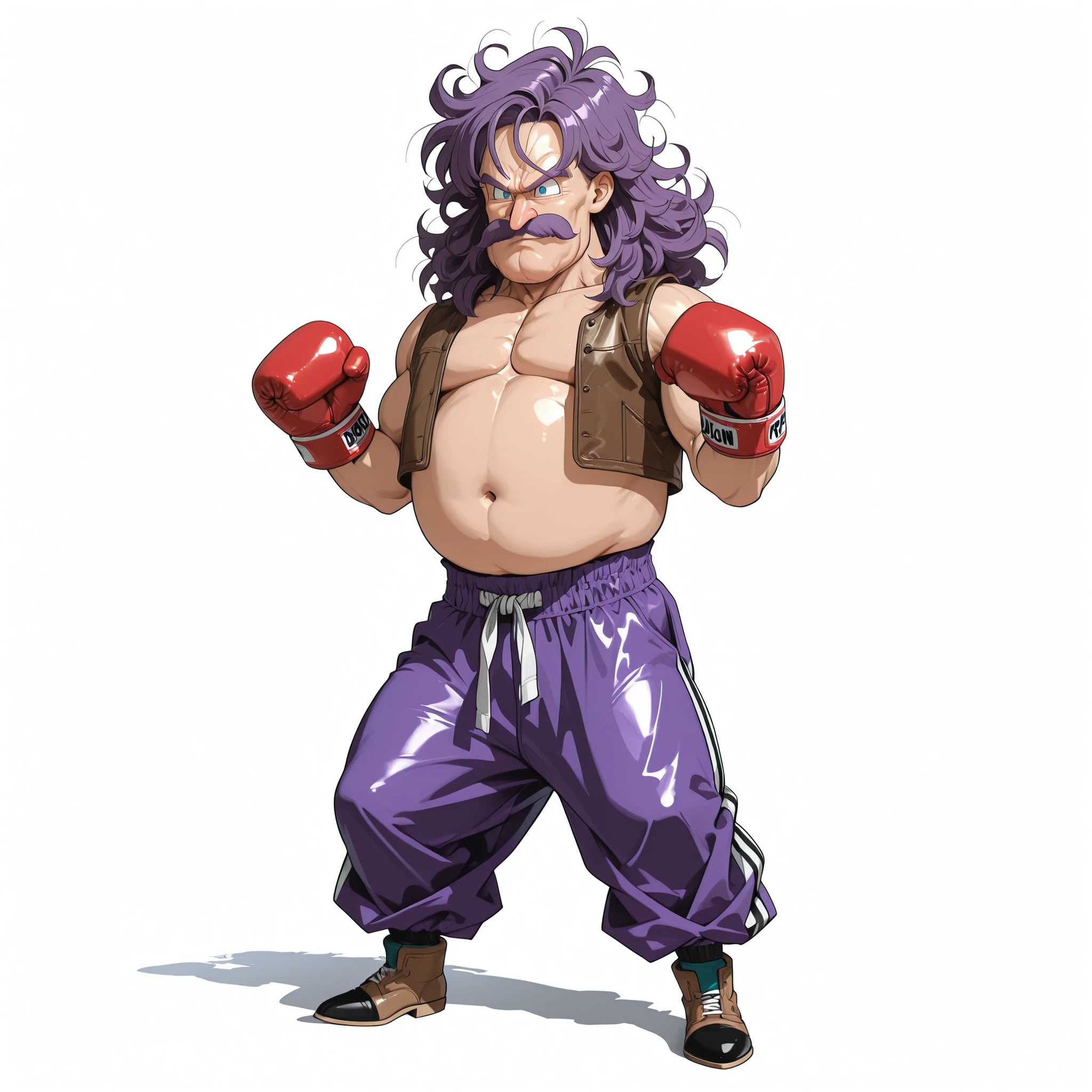 (male), (middle aged man), (slim body), (blue eyes), (purple hair), (long messy hair), (mustache), (solo), (single character), (full body version), (white background), (no background), (highly detailed), (shadow), (natural light), (detailed outfit), (detailed hand), (detailed face), (detailed hair)
Wearing boxing gloves, simple boxer outfit, loose trousers, leather shoes, standing in a strong boxing pose, determined expression. (Dragon ball style art), very fat body, Giant body, big nose, brown wool leather vest,