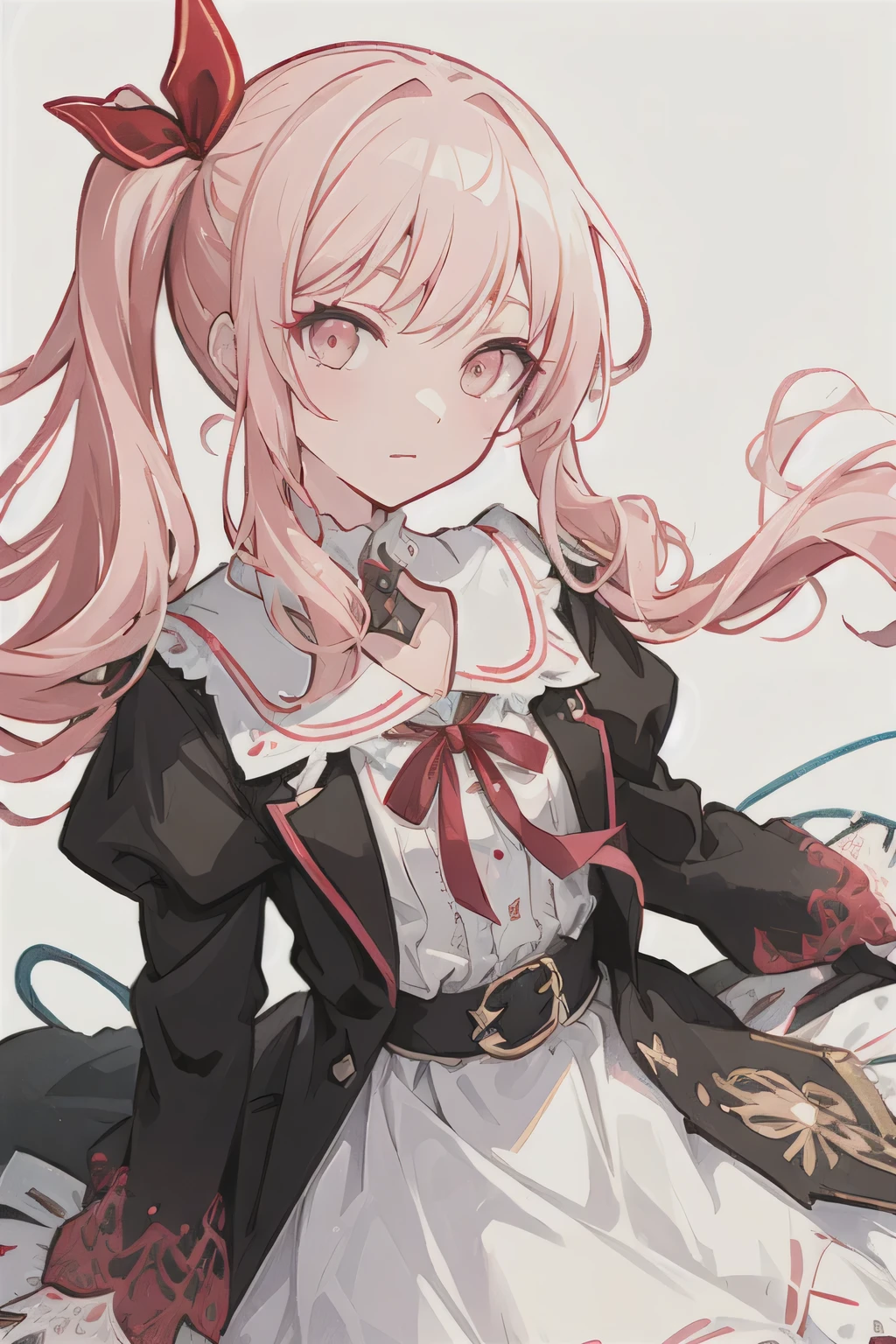 ((masterpiece)), (((Best Quality))), ((hyperdetailed)), Beautiful detailed eyes, illustration, (side ponytail+ sideways up + Red Ribbon ), Light pink hair, light pink eyes