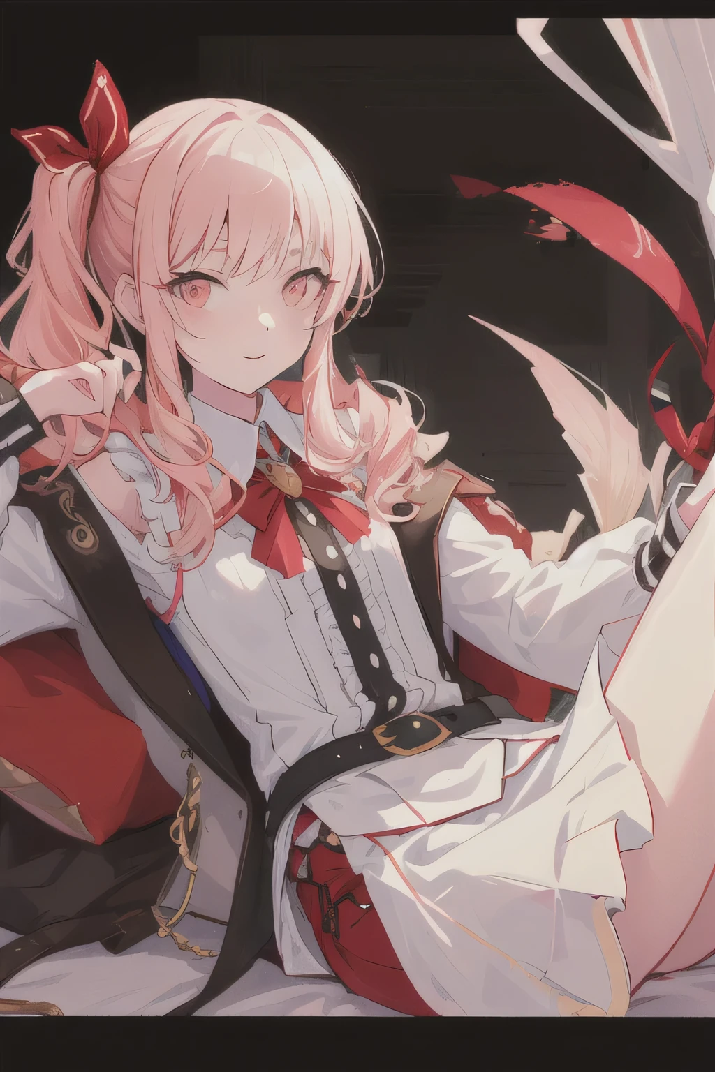 ((masterpiece)), (((Best Quality))), ((hyperdetailed)), Beautiful detailed eyes, illustration, (side ponytail+ sideways up + Red Ribbon ), Light pink hair, light pink eyes