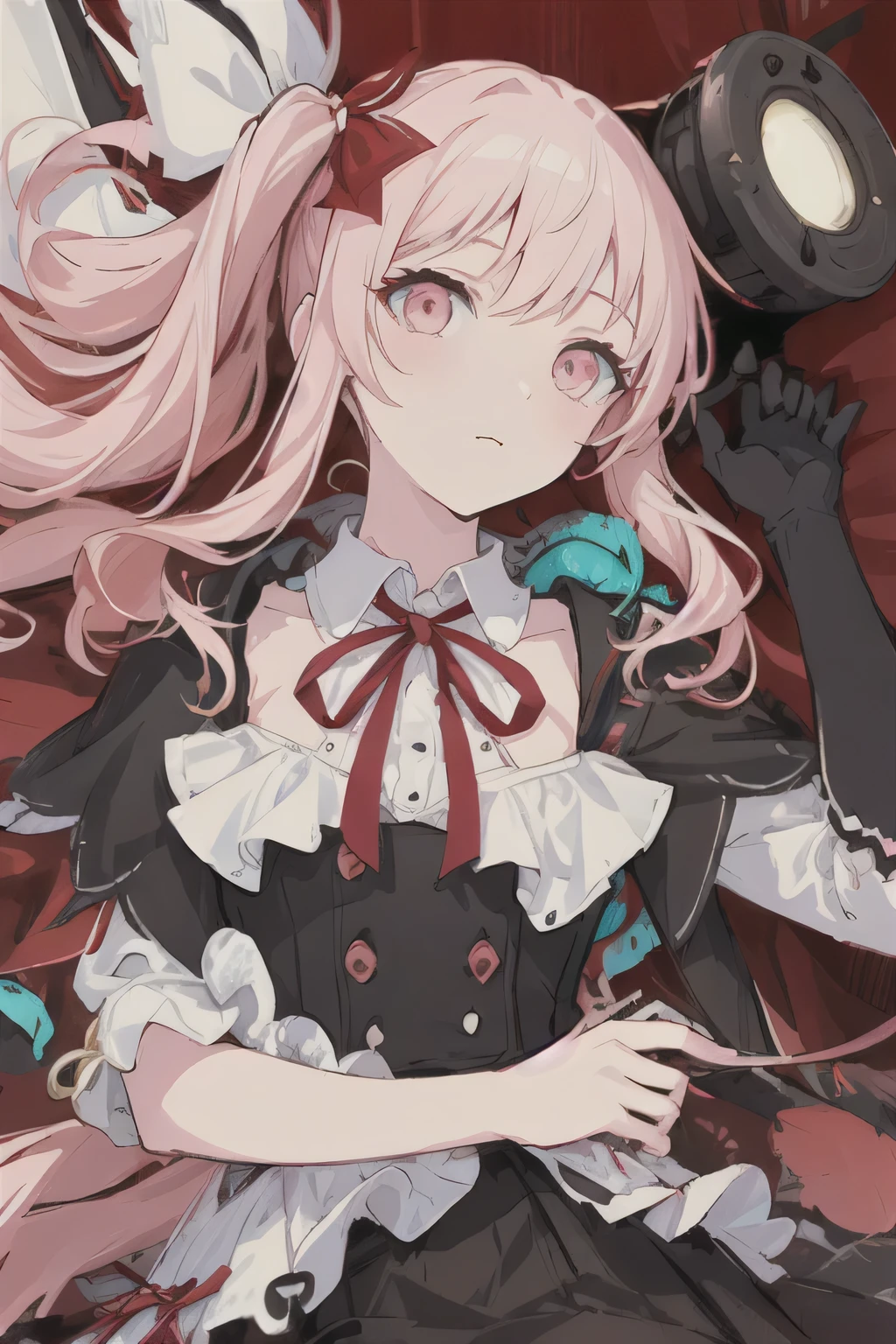 ((masterpiece)), (((Best Quality))), ((hyperdetailed)), Beautiful detailed eyes, illustration, (side ponytail+ sideways up + Red Ribbon ), Light pink hair, light pink eyes