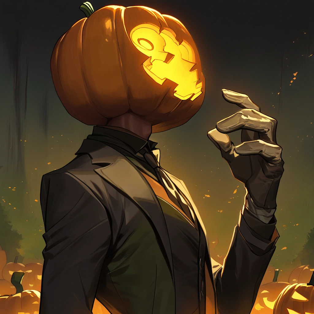  pump, solo, looking at viewer, smile, simple background, gloves, 1boy, upper body, male focus,  solid oval eyes, black eyes, white pupils. pumpkin mask, black shirt, black pants, black pants, white gloves, microphone, holding microphone