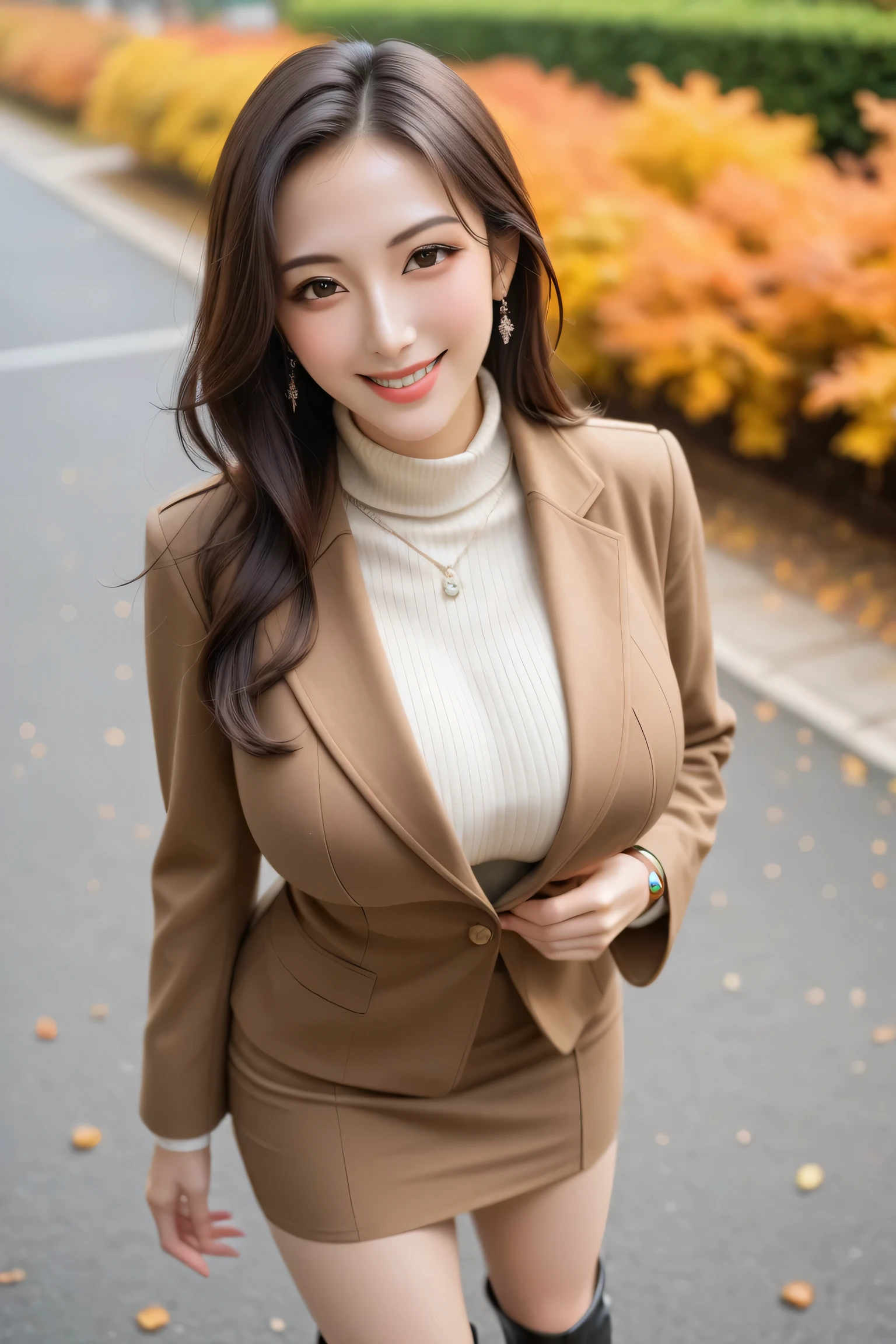 score_9, score_8_up, score_7_up, masterpiece, Highest Quality, High quality, Very Aesthetic, Newest, depth of field, (blurry background), (Intricate Design and Details),masterpiece, Highest Quality, Very Aesthetic, 8k, masterpiece, Highest Quality,realistic, masterpiece, Highest Quality, 8k, from above, high angle shot looking up, 1girl, autumn, beautiful hair, brown coat, 赤色のturtlenecks sweater, brown skirt, black boots, brown coat, , Beautiful Japanese Woman, long sleeve, watch viewers, Close orange background, brown eyes, ribbed sweater, skirt, smile, solo, sweater, Bang, turtlenecks, from above撮った全身ショット,