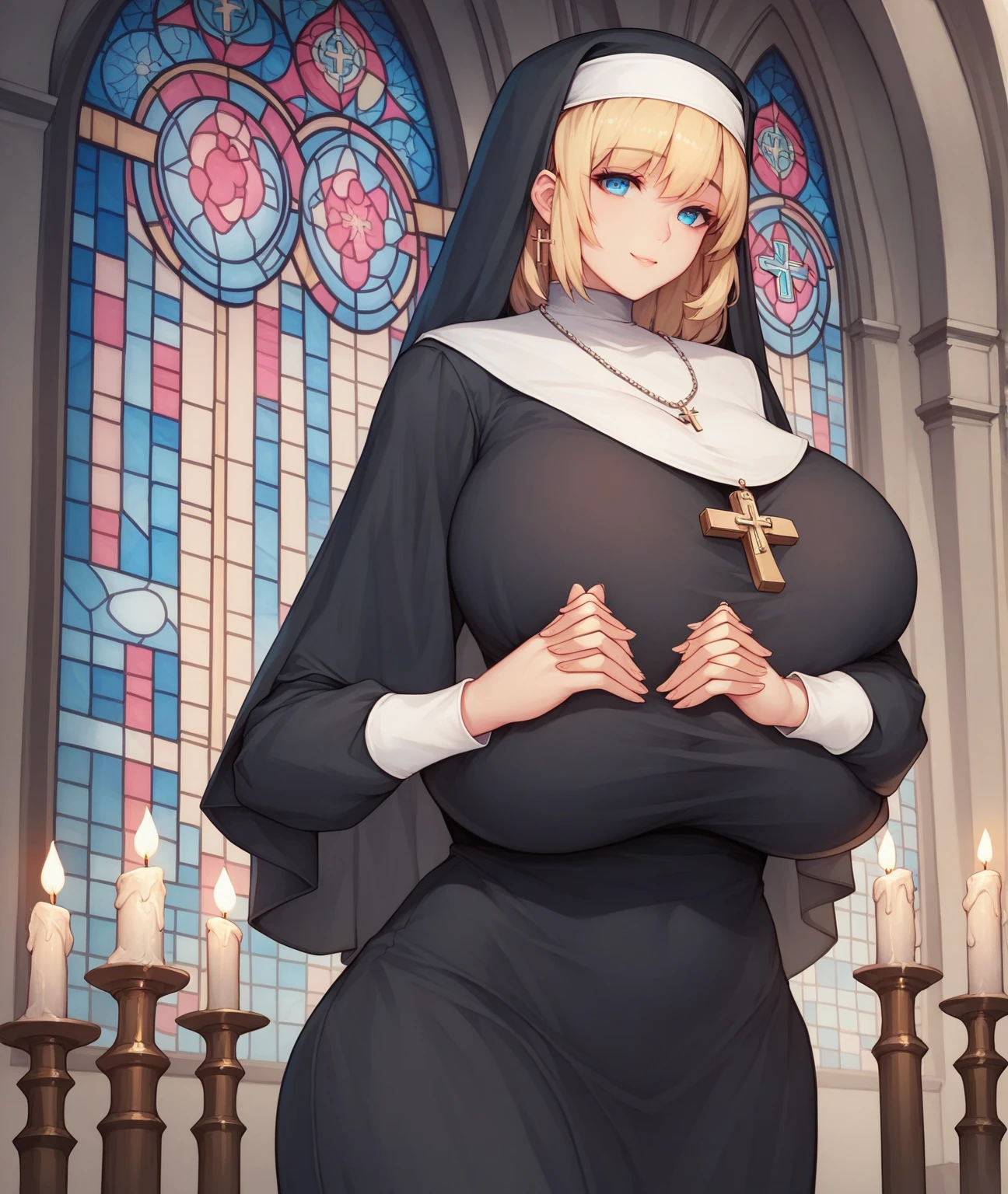 (solo 1 praying nun:1.3) standing in church, praying with holding hands together over ?????, very thin, (black sheer long dress:1.5), (????????????????:1.3), (bursting ???????:1.2), (black sheer long skirt:1.4), inconceivably thin waist, closing eyes, nose blush, open mouth, (heavy breathing:1.2), stained glass, full body, 8k, ultra-detailed, masterpiece
