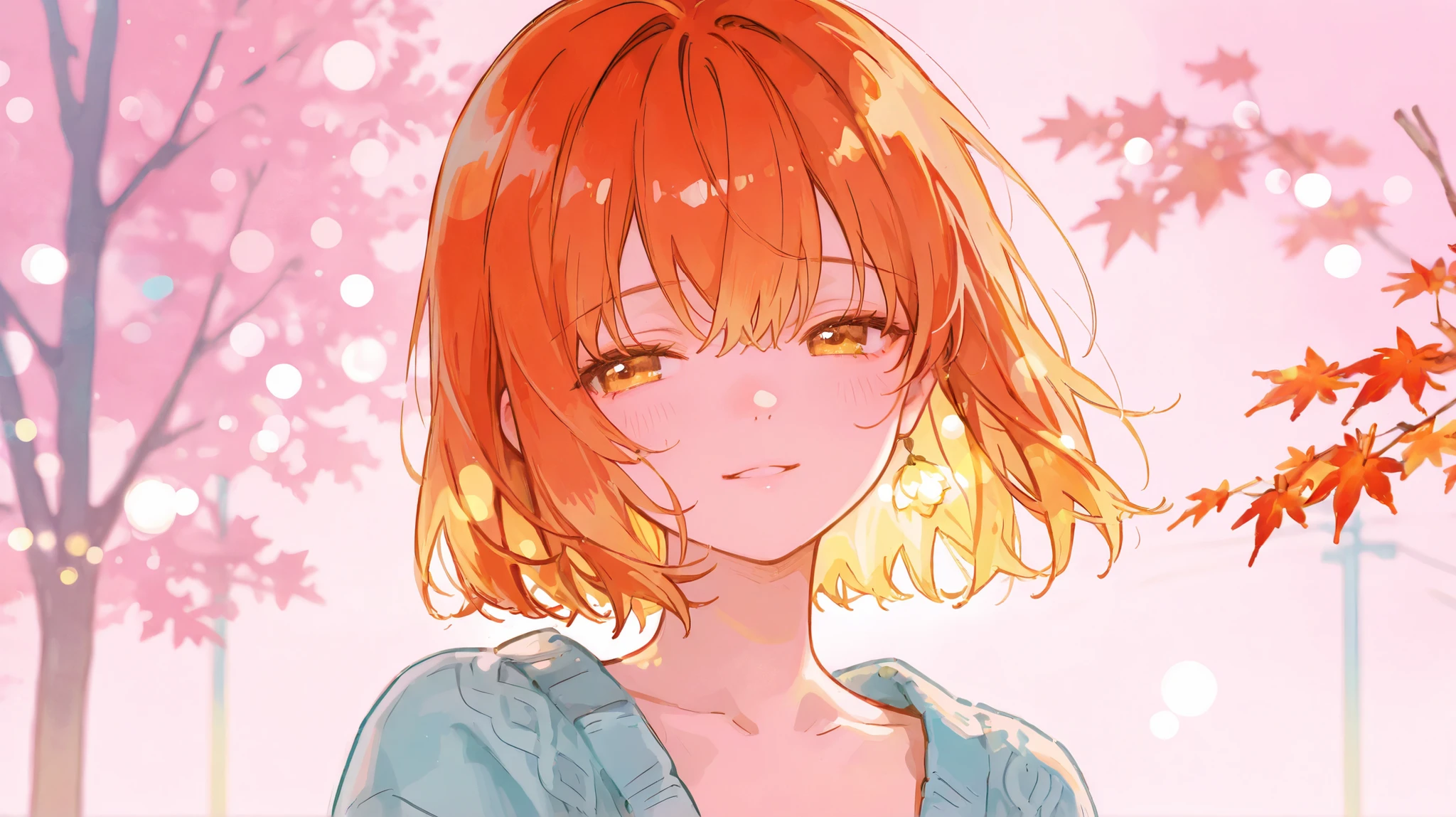 Anime girl in a loose cardigan, soft pastel background of maple trees, peaceful and wistful expression, upper body portrait, delicate lighting and gentle bokeh