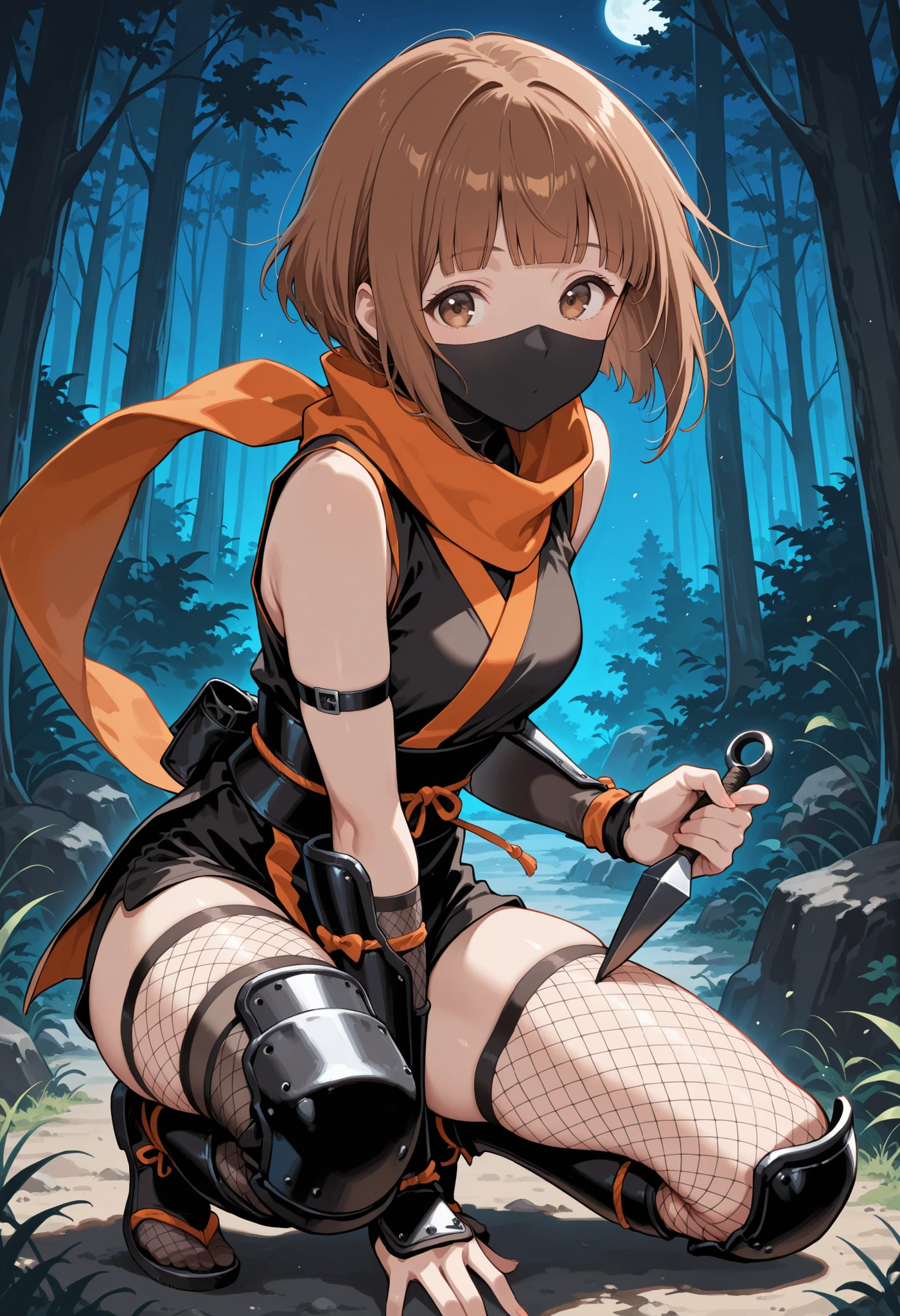 Score_9, score_8_up, score_7_up, source_anime, kitami yuzu, solo, blunt bangs, short hair, brown hair, brown eyes, (best quality), (high quality), {masterpiece}, extremely delicate and beautiful, ultra-detailed, beautiful detailed eyes, ninja, black ninja costume, orange trim, short kimono, sleeveless kimono, black shorts, orange scarf, kote, fishnet thighhighs, leg armor, forest, night, holding kunai, ninja mask, one knee up, jumping