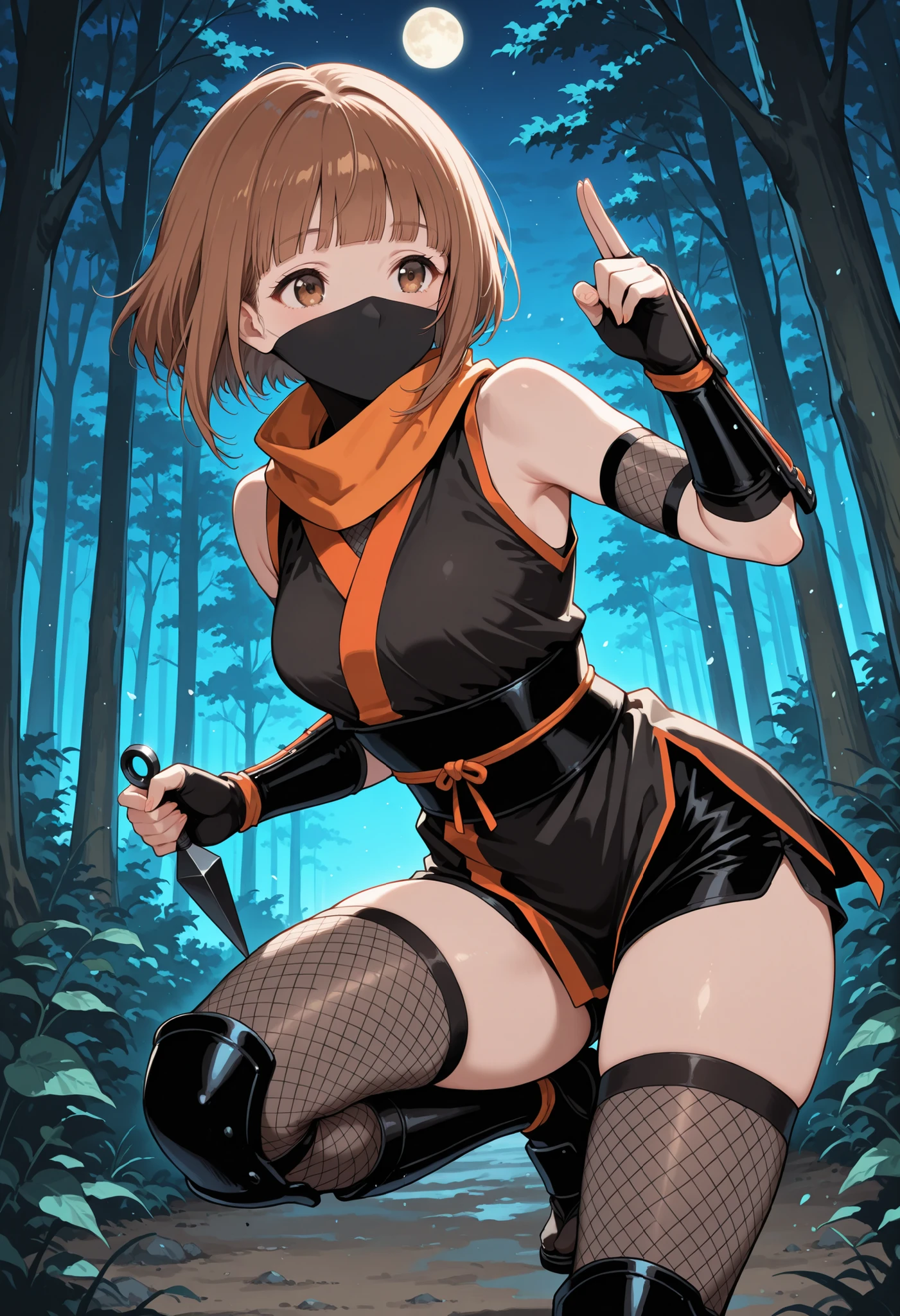Score_9, score_8_up, score_7_up, source_anime, kitami yuzu, solo, blunt bangs, short hair, brown hair, brown eyes, (best quality), (high quality), {masterpiece}, extremely delicate and beautiful, ultra-detailed, beautiful detailed eyes, ninja, black ninja costume, orange trim, short kimono, sleeveless kimono, black shorts, orange scarf, kote, fishnet thighhighs, leg armor, forest, night, holding kunai, ninja mask, one knee up, jumping