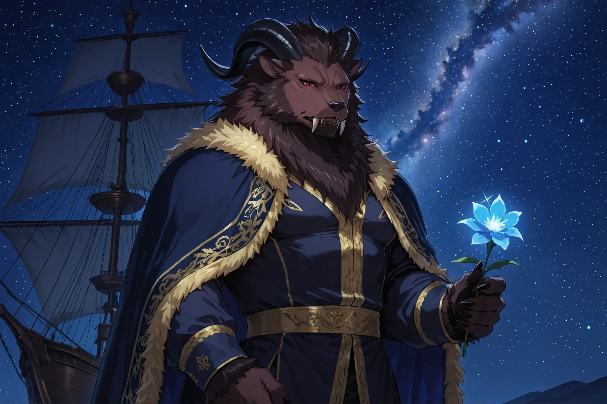 A majestic anthropomorphic beast standing in a heroic and aristocratic pose in front of a grand sailing ship, under a breathtaking starry night sky with the Milky Way clearly visible. The beast has detailed fur, a strong muscular body, sharp fangs, red eyes, and large black horns curved backwards. He wears a royal mantle and a richly decorated cloak with golden embroidery and white fur trim. In his hand, he holds a glowing magical blue flower emitting sparkles of light and ethereal