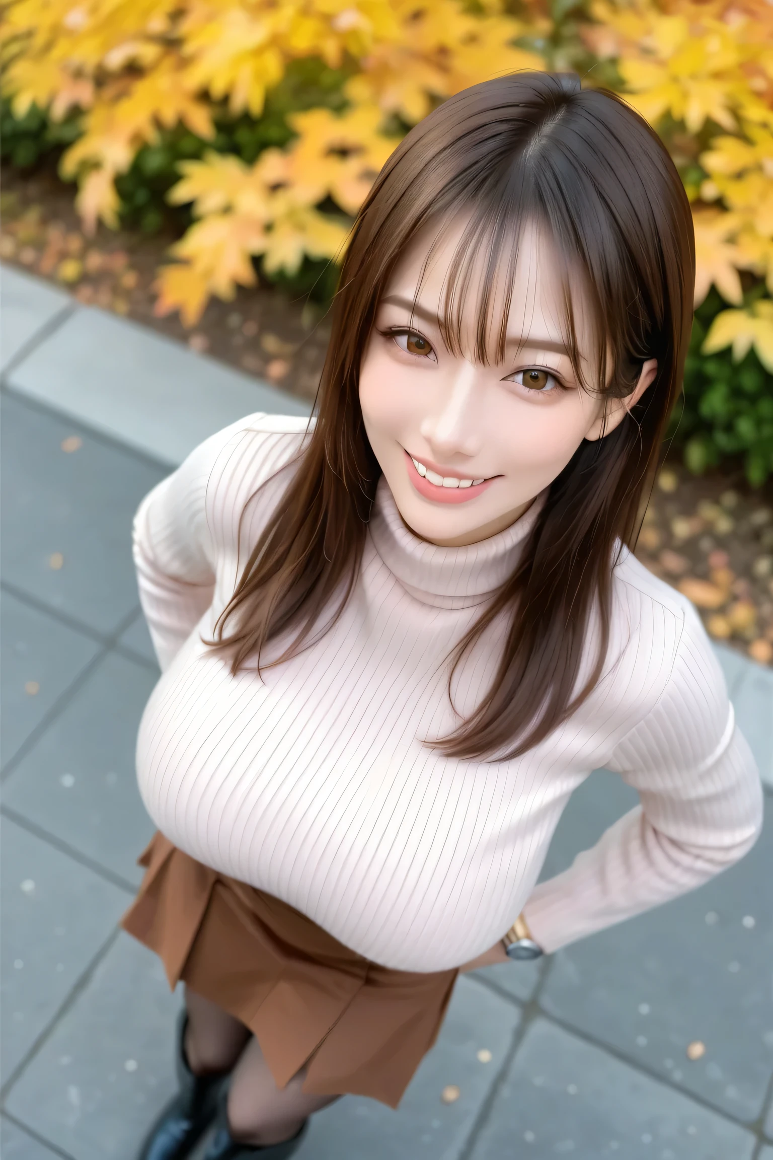 score_9, score_8_up, score_7_up, masterpiece, Highest Quality, High quality, Very Aesthetic, Newest, depth of field, (blurry background), (Intricate Design and Details),masterpiece, Highest Quality, Very Aesthetic, 8k, masterpiece, Highest Quality, realistic, masterpiece, Highest Quality, 8k, from above, high angle shot looking up, 1girl, autumn, beautiful hair, brown coat, pink turtlenecks sweater, brown skirt, black boots, huge breasts, Beautiful Japanese Woman, long sleeve, watch viewers, Close orange background, brown eyes, ribbed sweater, skirt, smile, solo, sweater, Bang, turtlenecks, full shot from above