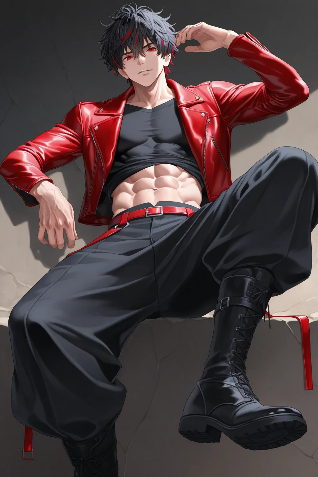 Teenage boy wearing a latex jersey and jockstrap with a latex bomber jacket wearing baseball pants