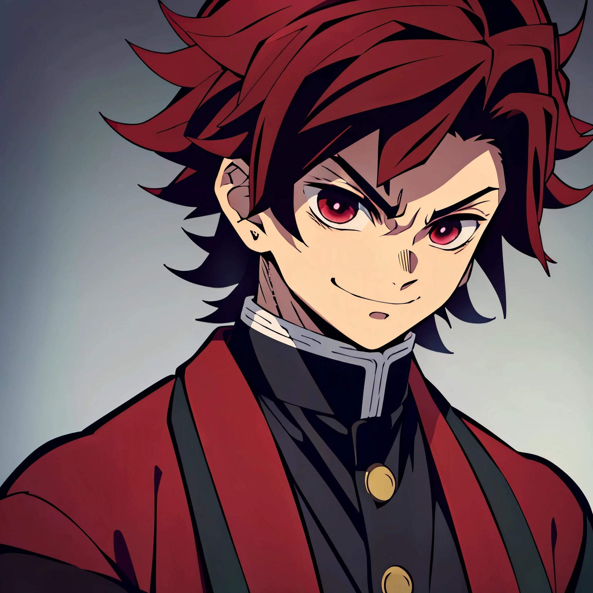 (best quality,highres,ultra-detailed),serious,anime style,demon slayer,boy,red eyes,red eyebrows,red/brown hair,Sanemi+Rengoku hair,black suit,simple background,smiling.