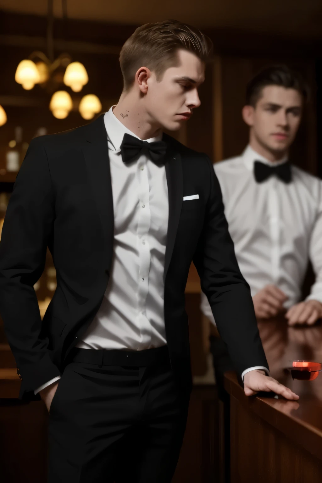 sexy male bartender, bartender with chiseled jawline and piercing blue eyes, wearing a crisp white dress shirt, slim-fit black pants, and a black bowtie, standing behind a sleek, polished mahogany bar, mixing a classic cocktail with confident, elegant movements, dramatic studio lighting creating dynamic shadows, ultra-detailed, photorealistic, 8K, professional, cinematic, moody atmosphere