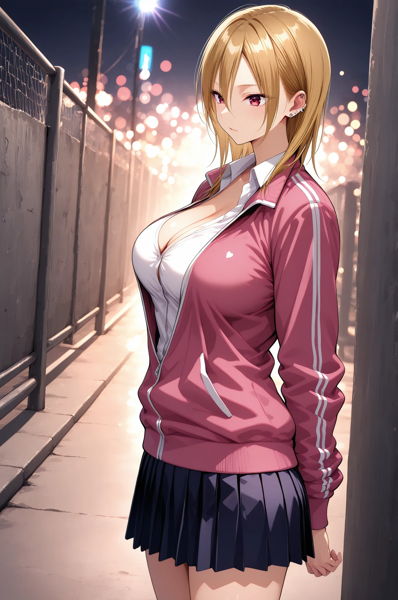 Anime Beautiful Girl, From the side, low angle, beautiful skin, Slender Body, akutu_riko, red eyes, blonde hair, medium hair, hair between eyes, ear piercing, cleavage, pink track jacket, white shirt, collared shirt, pleated skirt,  beautiful rainbow eyes , Cyberlighting, Concrete fence, EXQUISITE AND REALISTIC, soft lighting, Warm Colors, Beautiful bokeh, 4K rendering. 