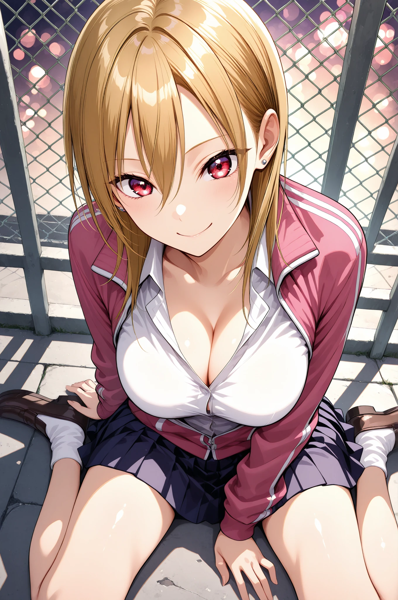 Anime Beautiful Girl, wariza, from above, beautiful skin, Slender Body, akutu_riko, red eyes, blonde hair, medium hair, hair between eyes, ear piercing, cleavage, pink track jacket, white shirt, collared shirt, pleated skirt, beautiful rainbow eyes , Cyberlighting, Concrete fence, EXQUISITE AND REALISTIC, soft lighting, Warm Colors, Beautiful bokeh, 4K rendering.