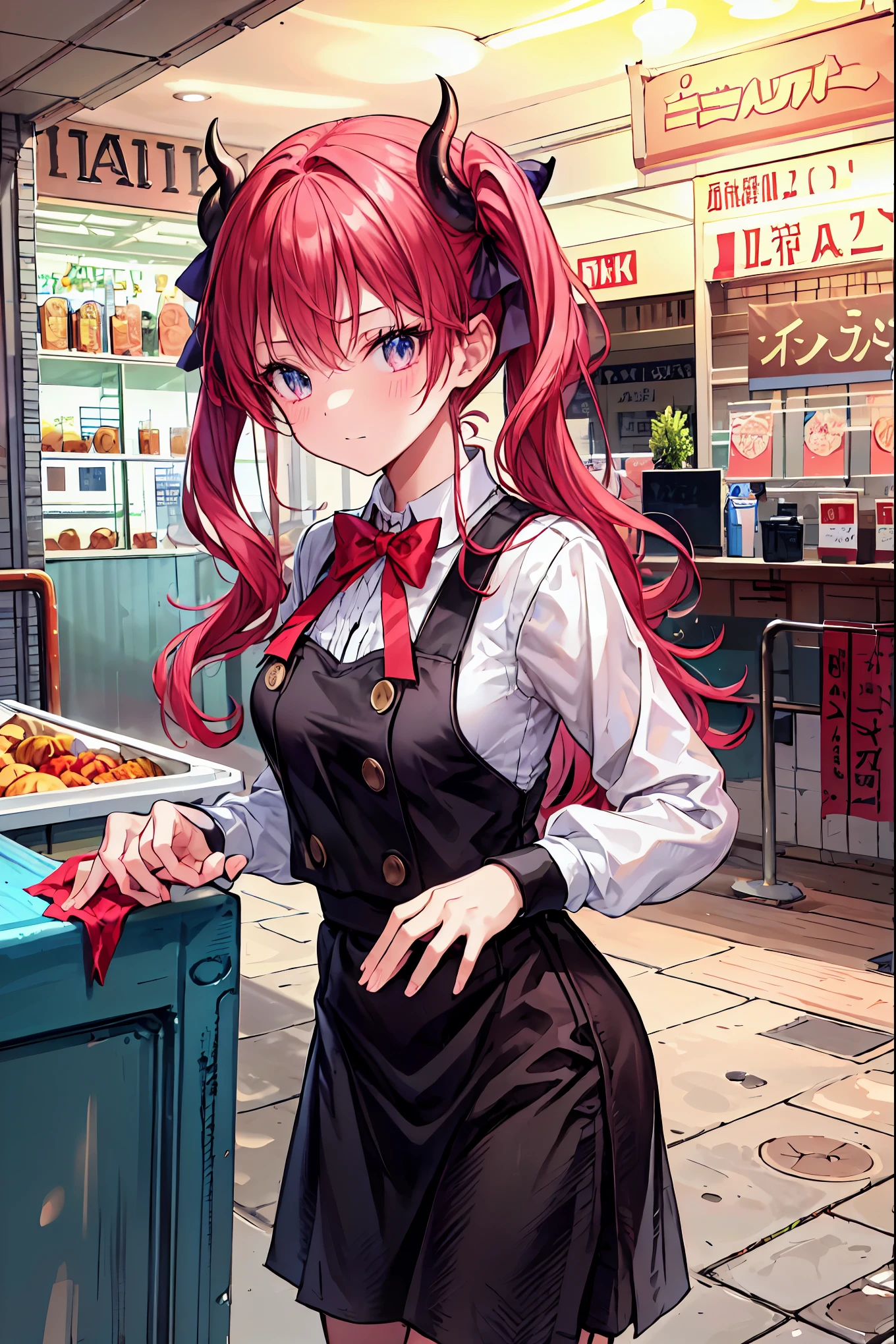 Convenience store in hell, midnight 12 o'clock，Opening in the middle of the night, moonlight，meteor、空から降り注ぐmeteor、無数のmeteor群，Shop in the woods，There is only 1 house out there，Lots of guests，1 girl，Tenteko Mai，demon girl，Four arms，and what lines up at the cash register are shadows that don't exist during the day, Satanic, clerk at a small liquor store has drunk, inhuman strange customer, hellish atmosphere, Vivid Color, Sad Feelings, Detailed Realistic, 4K, high quality, Extremely colorful, dim lighting, born々Impressive realism, Conceptual Art, digital illustration, Professional, Dramatic