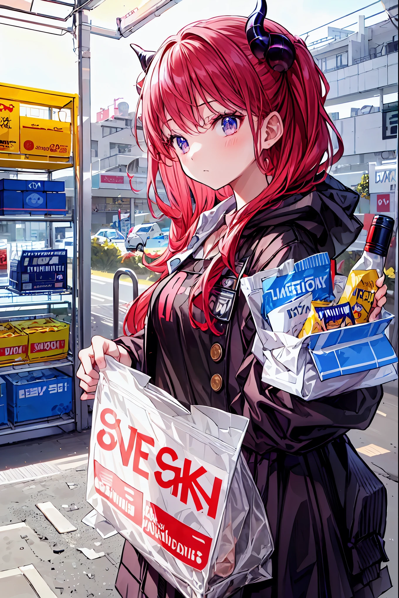 Convenience store in hell, midnight 12 o'clock，Opening in the middle of the night, moonlight，meteor、空から降り注ぐmeteor、無数のmeteor群，Shop in the woods，There is only 1 house out there，Lots of guests，1 girl，Tenteko Mai，demon girl，Four arms，and what lines up at the cash register are shadows that don't exist during the day, Satanic, clerk at a small liquor store has drunk, inhuman strange customer, hellish atmosphere, Vivid Color, Sad Feelings, Detailed Realistic, 4K, high quality, Extremely colorful, dim lighting, born々Impressive realism, Conceptual Art, digital illustration, Professional, Dramatic