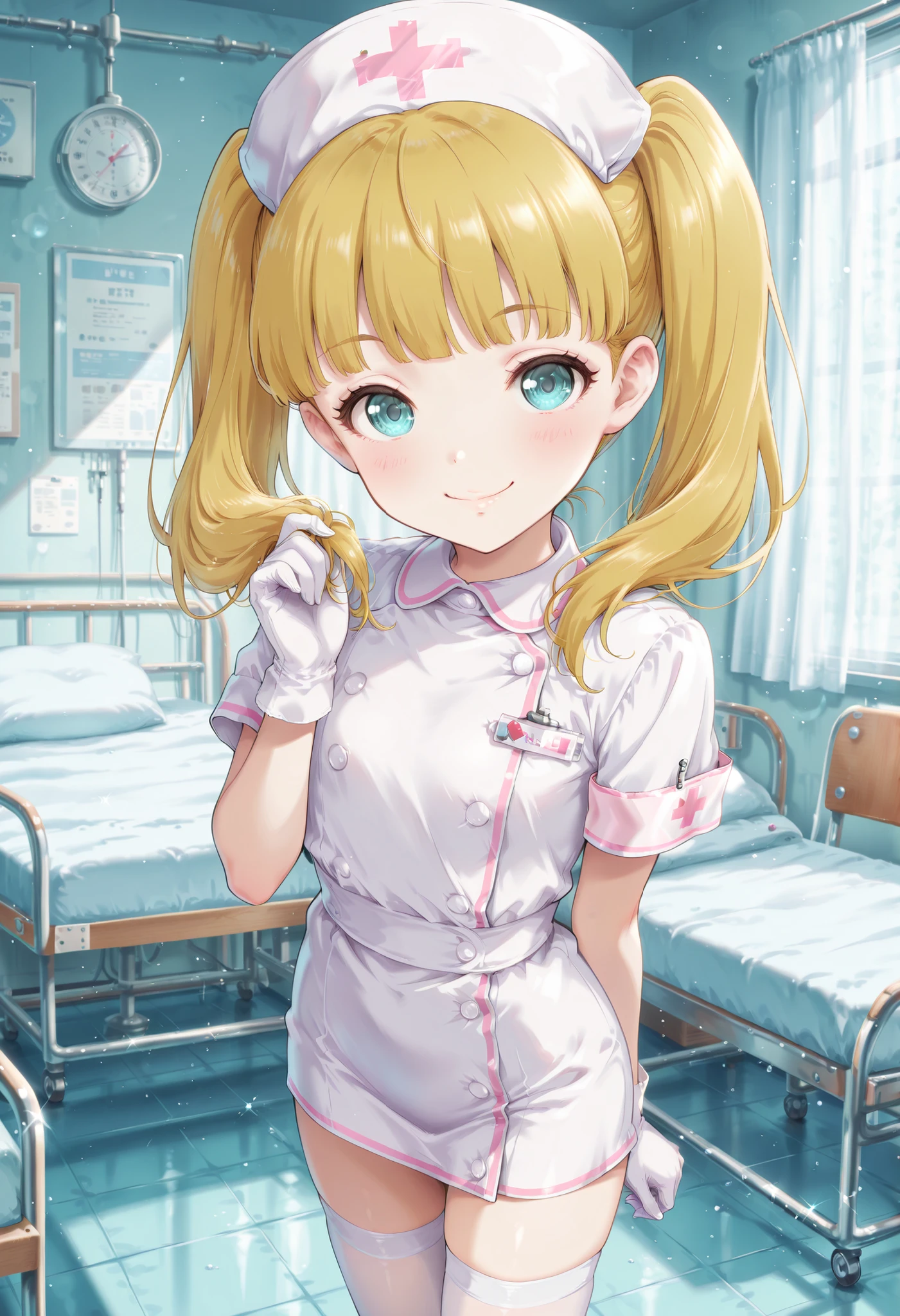 Score_9, score_8_up, score_7_up, source_anime, mary cochran, solo, twintails, blonde hair, aqua eyes, petit, flat chest, (best quality), (high quality), {masterpiece}, extremely delicate and beautiful, ultra-detailed, beautiful detailed eyes, nurse, nurse hat, ((white nurse's outfit)), white gloves, white thighhighs, hospital room, smile, closed mouth, standing