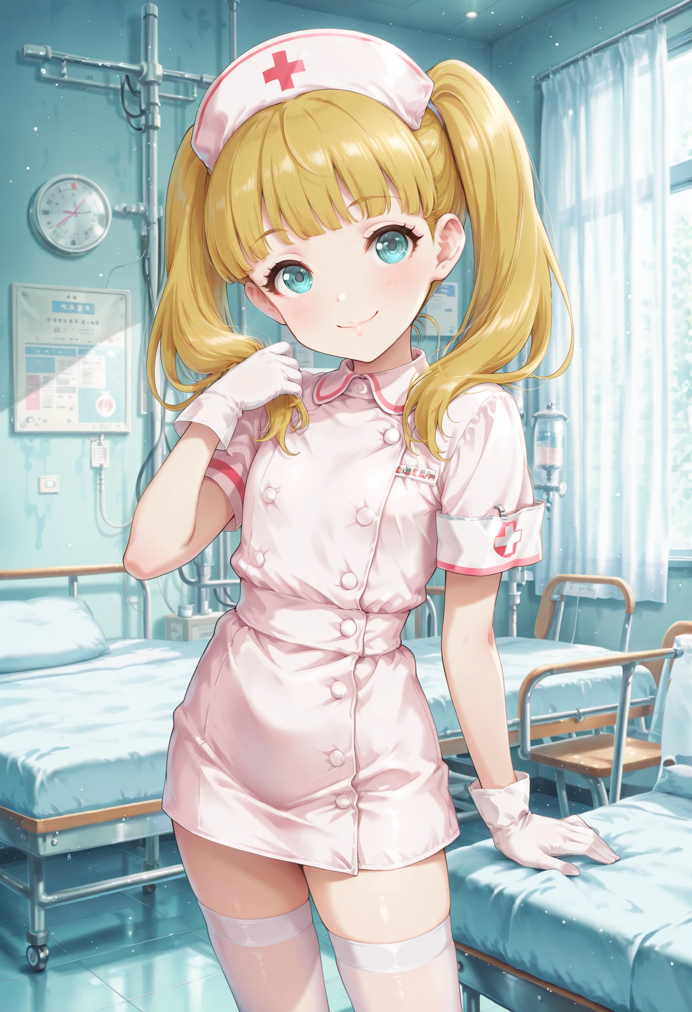 Score_9, score_8_up, score_7_up, source_anime, mary cochran, solo, twintails, blonde hair, aqua eyes, petit, flat chest, (best quality), (high quality), {masterpiece}, extremely delicate and beautiful, ultra-detailed, beautiful detailed eyes, nurse, nurse hat, ((white nurse's outfit)), white gloves, white thighhighs, hospital room, smile, closed mouth, standing