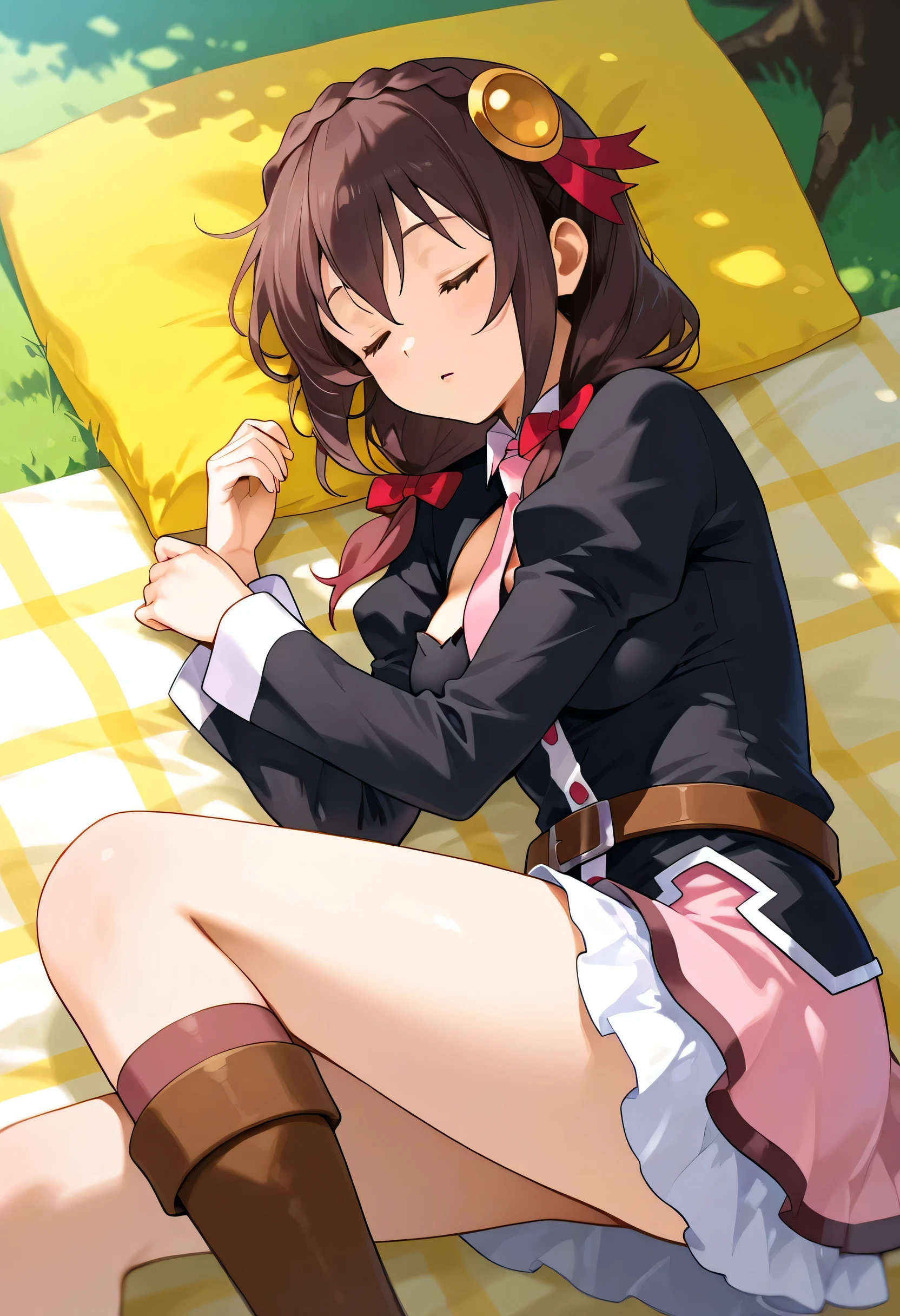 Yunyun konosuba,lawn、picnic、sleeping holding my knee、is sleeping on its side、 Highest Quality、Thinning、happy sleeping face、thighs visible