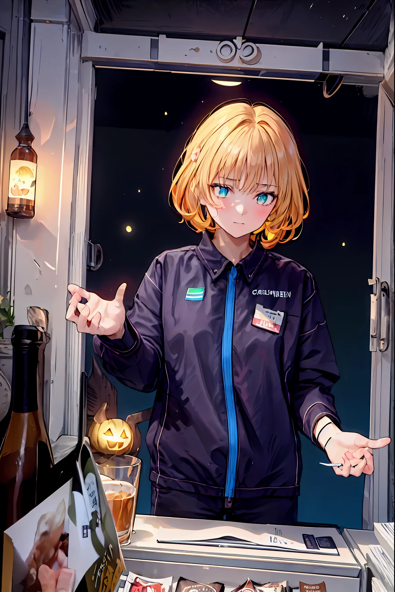 Convenience store in hell, midnight 12 o'clock，Opening in the middle of the night,dark interior， moonlight，meteor、空から降り注ぐmeteor、無数のmeteor群，Shop in the woods，There is only 1 house out there，Lots of guests，Halloween Night，Cosplay Group，1 girl，Tenteko Mai，demon girl，Four arms，and what lines up at the cash register are shadows that don't exist during the day, Satanic, clerk at a small liquor store has drunk, inhuman strange customer, hellish atmosphere, Vivid Color, Sad Feelings, Detailed Realistic, 4K, high quality, Extremely colorful, dim lighting, born々Impressive realism, Conceptual Art, digital illustration, Professional, Dramatic