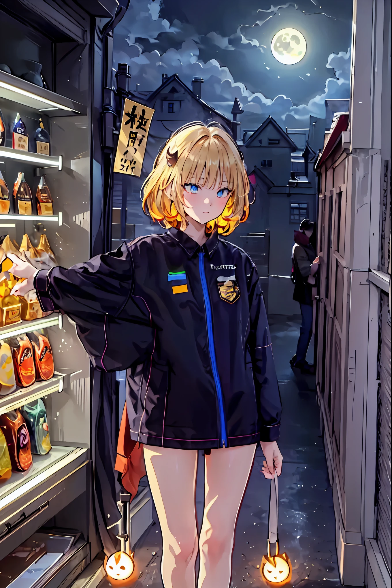 Convenience store in hell, midnight 12 o'clock，Opening in the middle of the night,dark interior， moonlight，meteor、空から降り注ぐmeteor、無数のmeteor群，Shop in the woods，There is only 1 house out there，Lots of guests，Halloween Night，Cosplay Group，1 girl，Tenteko Mai，demon girl，Four arms，and what lines up at the cash register are shadows that don't exist during the day, Satanic, clerk at a small liquor store has drunk, inhuman strange customer, hellish atmosphere, Vivid Color, Sad Feelings, Detailed Realistic, 4K, high quality, Extremely colorful, dim lighting, born々Impressive realism, Conceptual Art, digital illustration, Professional, Dramatic