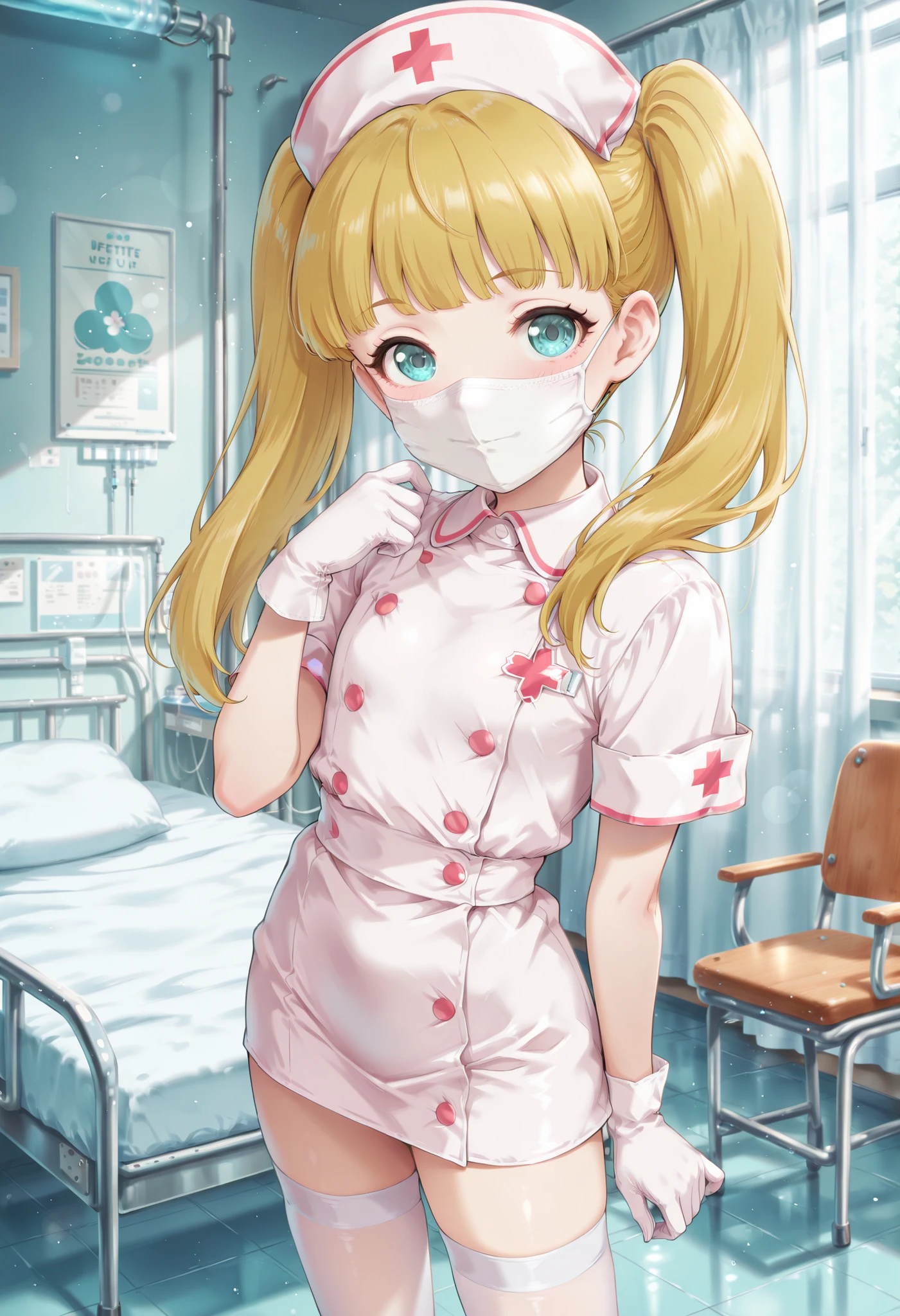 Score_9, score_8_up, score_7_up, source_anime, mary cochran, solo, twintails, blonde hair, aqua eyes, petit, flat chest, (best quality), (high quality), {masterpiece}, extremely delicate and beautiful, ultra-detailed, beautiful detailed eyes, nurse, nurse hat, ((white nurse's outfit)), white gloves, white thighhighs, hospital room, ((white mask, mouth mask, covered nose)), standing
