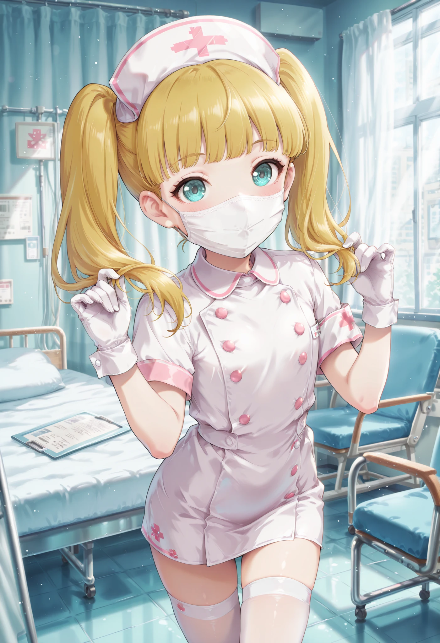 Score_9, score_8_up, score_7_up, source_anime, mary cochran, solo, twintails, blonde hair, aqua eyes, petit, flat chest, (best quality), (high quality), {masterpiece}, extremely delicate and beautiful, ultra-detailed, beautiful detailed eyes, nurse, nurse hat, ((white nurse's outfit)), white gloves, white thighhighs, hospital room, ((white mask, mouth mask, covered nose)), standing