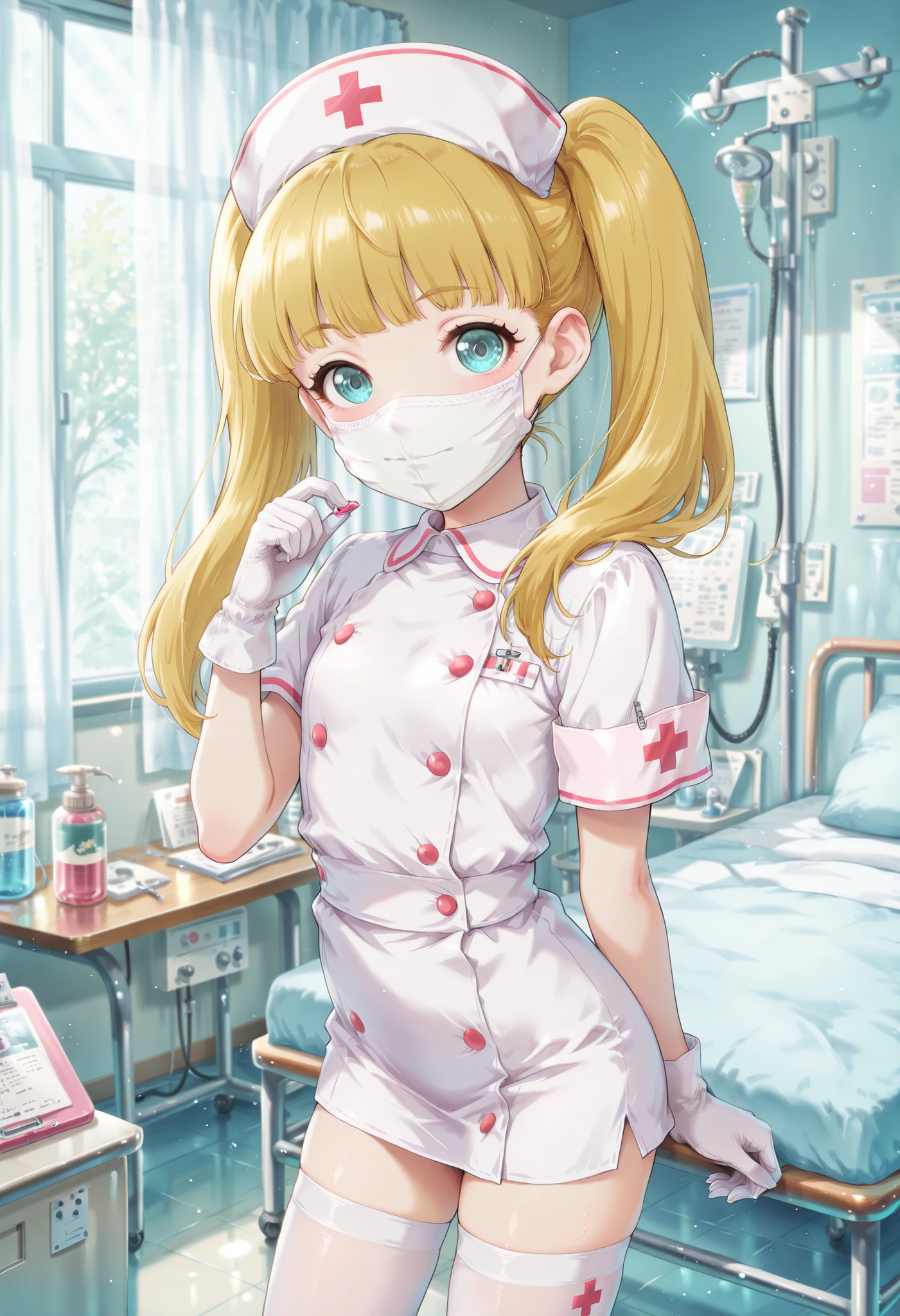 Score_9, score_8_up, score_7_up, source_anime, mary cochran, solo, twintails, blonde hair, aqua eyes, petit, flat chest, (best quality), (high quality), {masterpiece}, extremely delicate and beautiful, ultra-detailed, beautiful detailed eyes, nurse, nurse hat, ((white nurse's outfit)), white gloves, white thighhighs, hospital room, ((white mask, mouth mask, covered nose)), standing