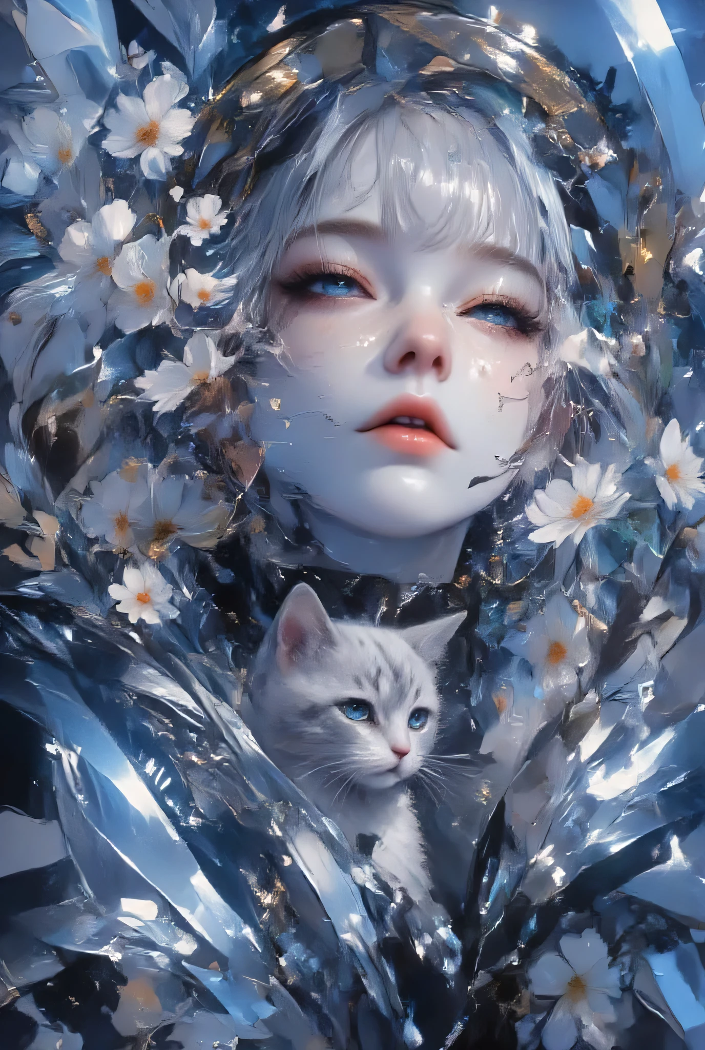 (EyesHD:1.2), masterpiece, Highest Quality, ultra detail, Very Aesthetic, clear focus, depth of field, Brilliant Colors, ray tracing, BEST LIGHTING, detailed view lying on top, detailed background, Cinematic, beautiful face,beautiful eyes,
1little cat,(((silvery short hair,blue eyes))), Medieval Dress 、beautiful,small breasts,宮殿
beautiful flowers,gorgeous,amazing background,