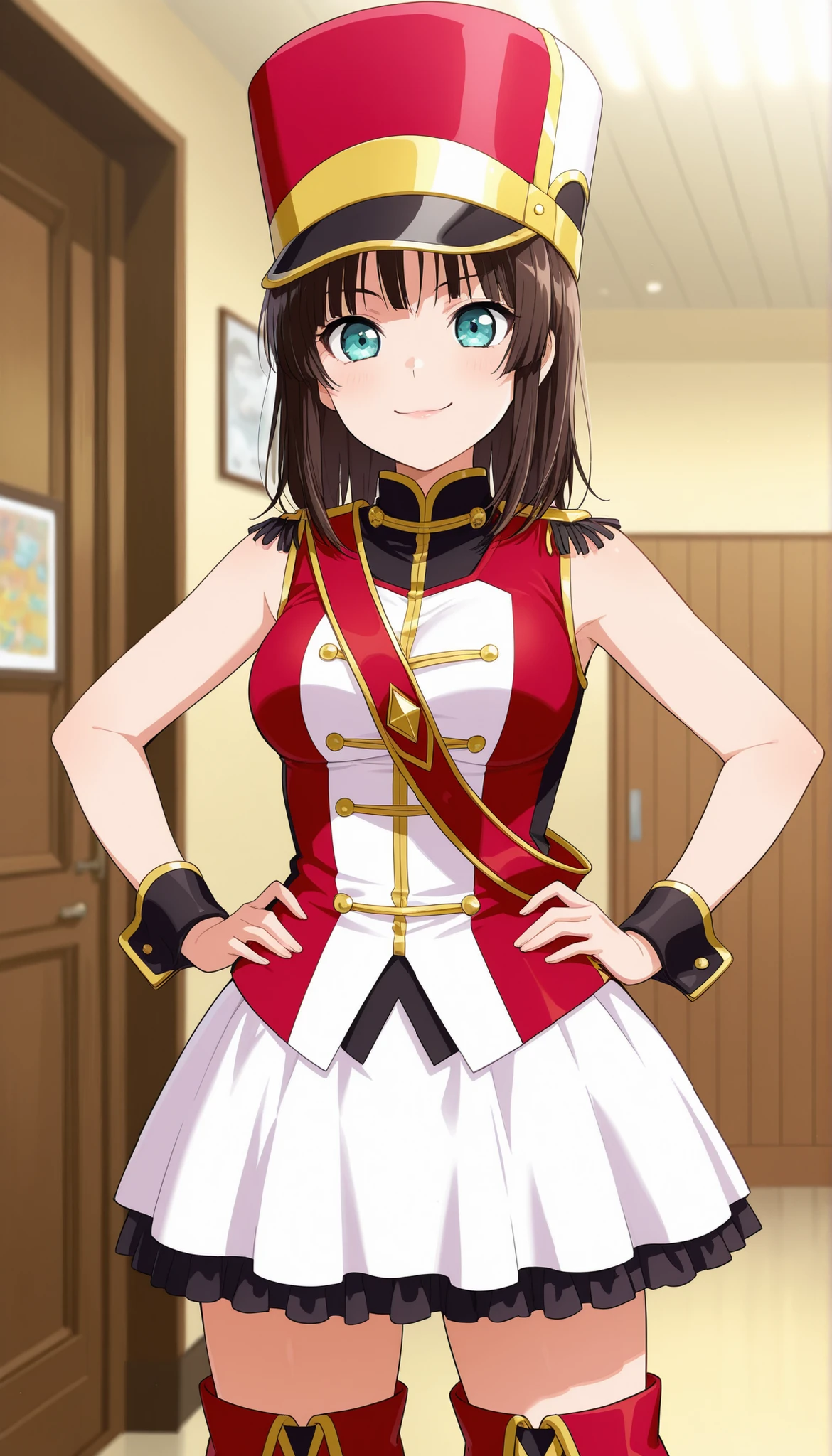 score_9, score_8_up, score_7_up, source_anime,solo, 1girl,<lora:misaki:1 . 2> , kokorohhw costume, hhw skirt, hhw shako cap, hhw band uniform, hhw wrist cuffs, hhw thigh boots, closed mouth, rouge lips , standing , live waiting room, cowboy shot ,smile, medium breast,medium hair, hands on hips