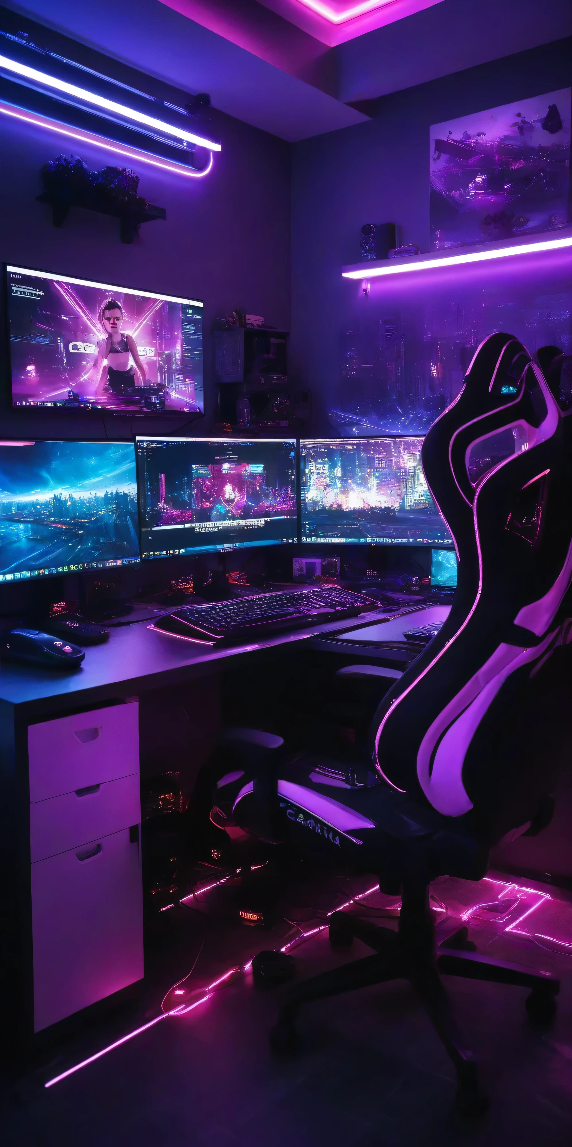 close-up image of a desk with a computer on it, gaming room, estetika gamer, gaming room in 2 0 4 0, indoors cyberpunk themed room,  bertema , purple and cyan lighting, setting cyberpunk, cool purple lighting, black light aesthetics, blue and purple lighting, Lighting the color purple, cahaya ambient ungu, cool blue grayish purple lighting
