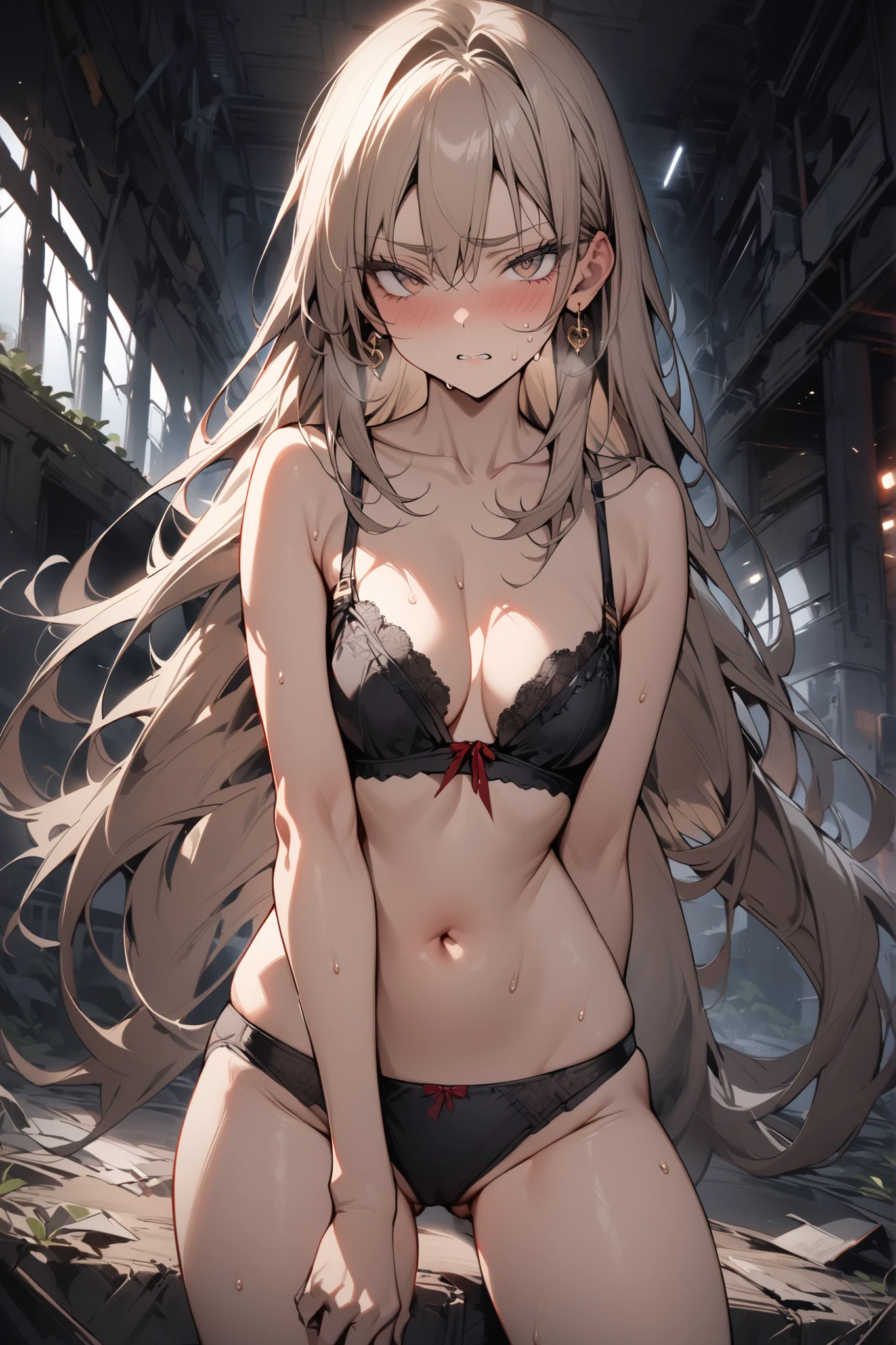 ((masterpiece,Highest Quality:1.2)),(super resolution),(1girl),Slender,night,middle school girl glares at me doing a sexy pose at an abandoned factory,cowboy shot,beautiful skin,(Thin thighs),(healthy tanned skin),light brown very long hair,Perfect brown eyes , tree eyes ,Seriously embarrassed expression,sweat,black bra,black panties,gold earrings