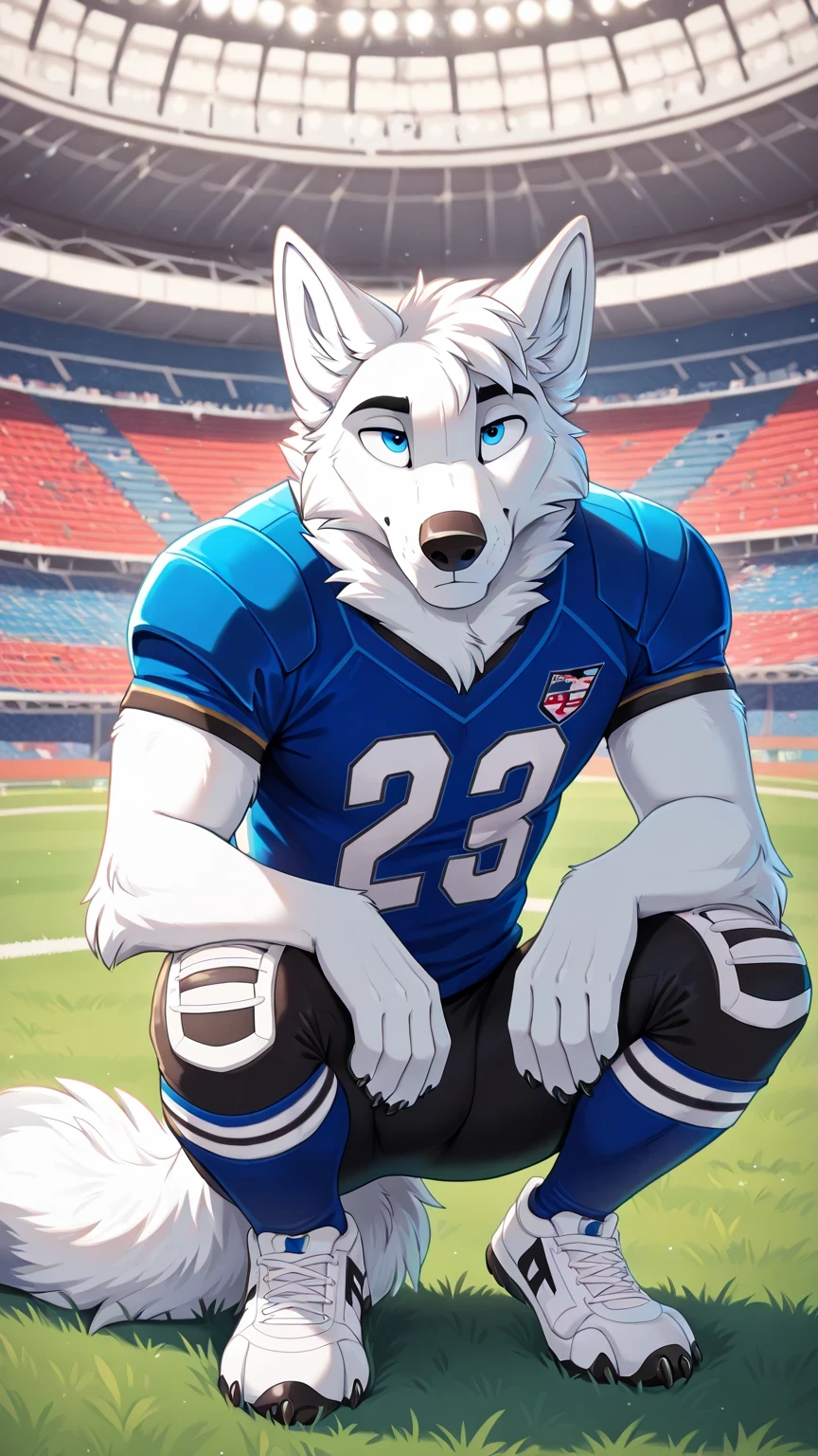 american football stadium background, Eye blue, Reflections, full body, antropomorfico, Adult Wolf, without humans, by ango76 , Masterpiece, better quality,very aesthetic, newest, anthropoid, mammal, a boy, Clothes, Alone, byry, byry Macho, macho focuS, blue eyes, postura bipeda in front, Male Wolf,male white wolf furry, by, squatting posture, squatting, claws, animal ears, high resolution, blue color american football jersey, lycra american football tights white, white sneakers, wolf tail, in front