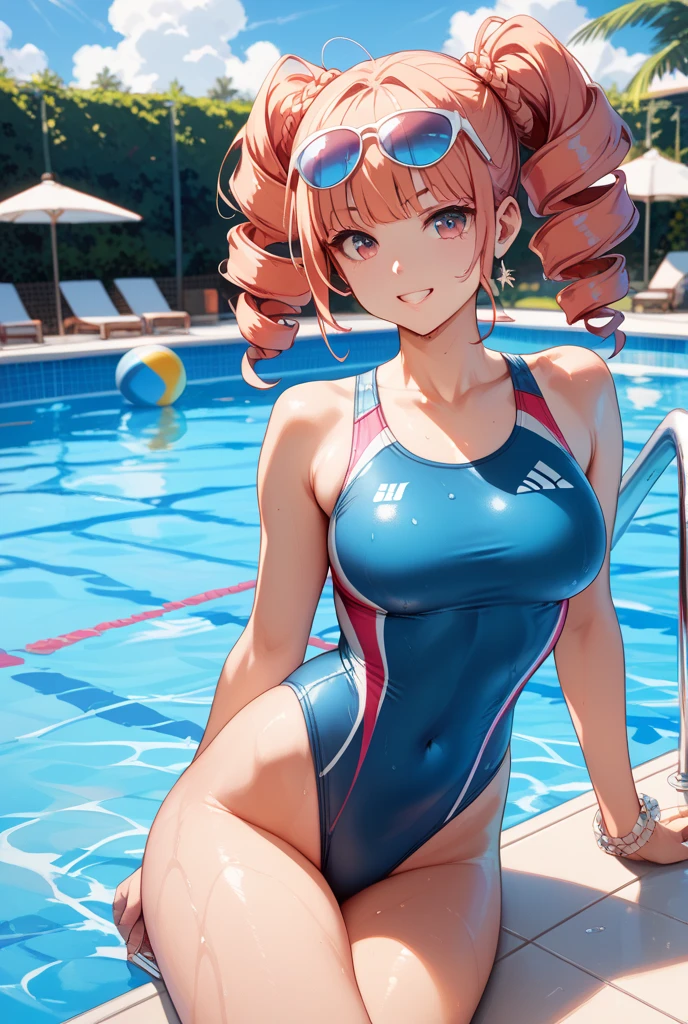 masterpiece, best quality, highres, aaakari, short hair, double bun, ahoge, beret, white headwear, , <lora:yumeno_akari_v1:0.7>, competition swimsuit, collarbone, poolside, sitting,