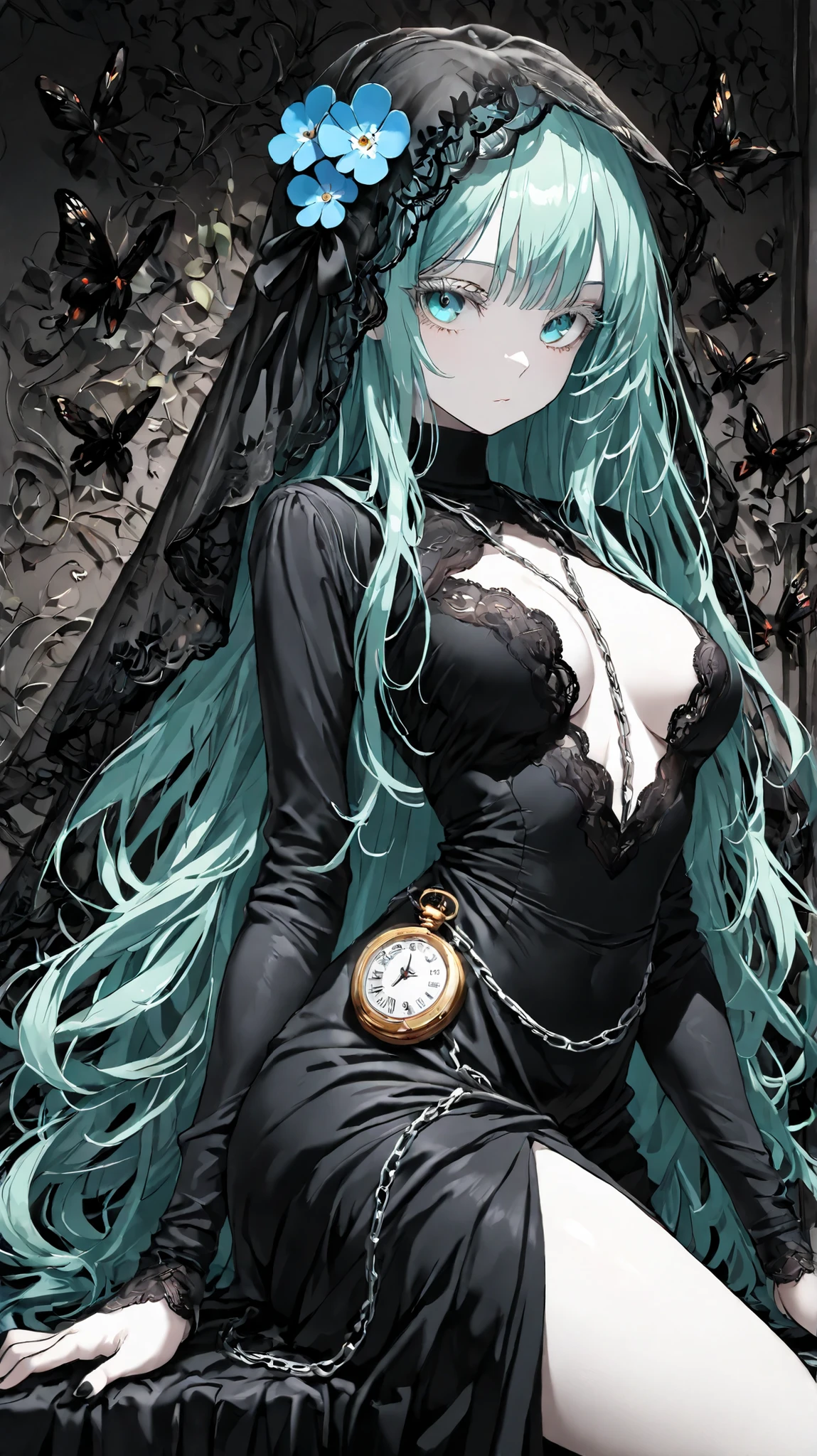 ((masterpiece, super high quality, ultra-detailed, Extremely Detailed and Beautiful, Perfect detail, anime style, vivid colors:1.2)), elegant posture, delicate skin texture, absolutely beautiful:1.1,
only 1 girl, very long hair, mint hair, black lace veil, mint eyes, Pale skin with matching pale black eyelashes, medium breasts, black lace turtleneck dress:1.3, dress decorated by lace, slightly open chest:0.7, very long sleeves, with side slit skirt, with small blue forget-me-not flower decorations, vintage silver pocket watch chain, black ribbon, black butterfly, black nail