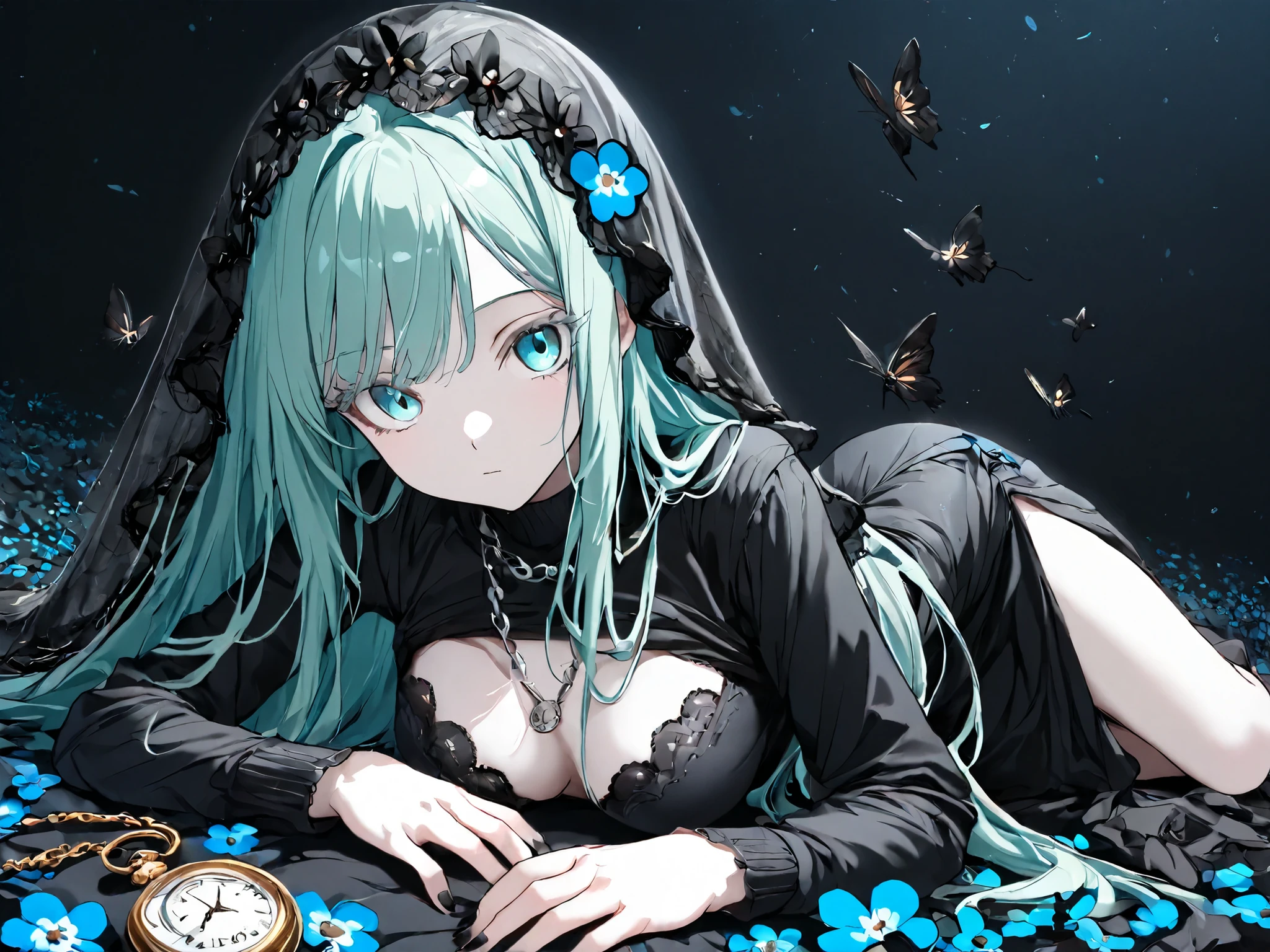 ((masterpiece, super high quality, ultra-detailed, Extremely Detailed and Beautiful, Perfect detail, anime style, bright and vivid colors:1.2)), elegant posture, delicate skin texture, absolutely beautiful:1.1,
only 1 girl, very long hair, mint hair, black lace veil, mint eyes, Pale skin with matching pale black eyelashes, medium breasts, black lace turtleneck dress:1.3, dress decorated by lace, slightly open chest:0.7, very long sleeves, with side slit skirt, with small blue forget-me-not flower decorations, vintage silver pocket watch chain, black ribbon, black butterfly, black nail, lie down on stomach:1.2,