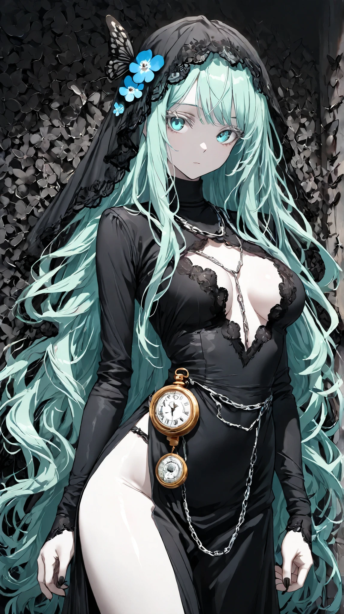 ((masterpiece, super high quality, ultra-detailed, Extremely Detailed and Beautiful, Perfect detail, anime style, vivid colors:1.2)), elegant posture, delicate skin texture, absolutely beautiful:1.1,
only 1 girl, very long hair, mint hair, black lace veil, mint eyes, Pale skin with matching pale black eyelashes, medium breasts, black lace turtleneck dress:1.3, dress decorated by lace, slightly open chest:0.7, very long sleeves, with side slit skirt, with small blue forget-me-not flower decorations, vintage silver pocket watch chain, black ribbon, black butterfly, black nail