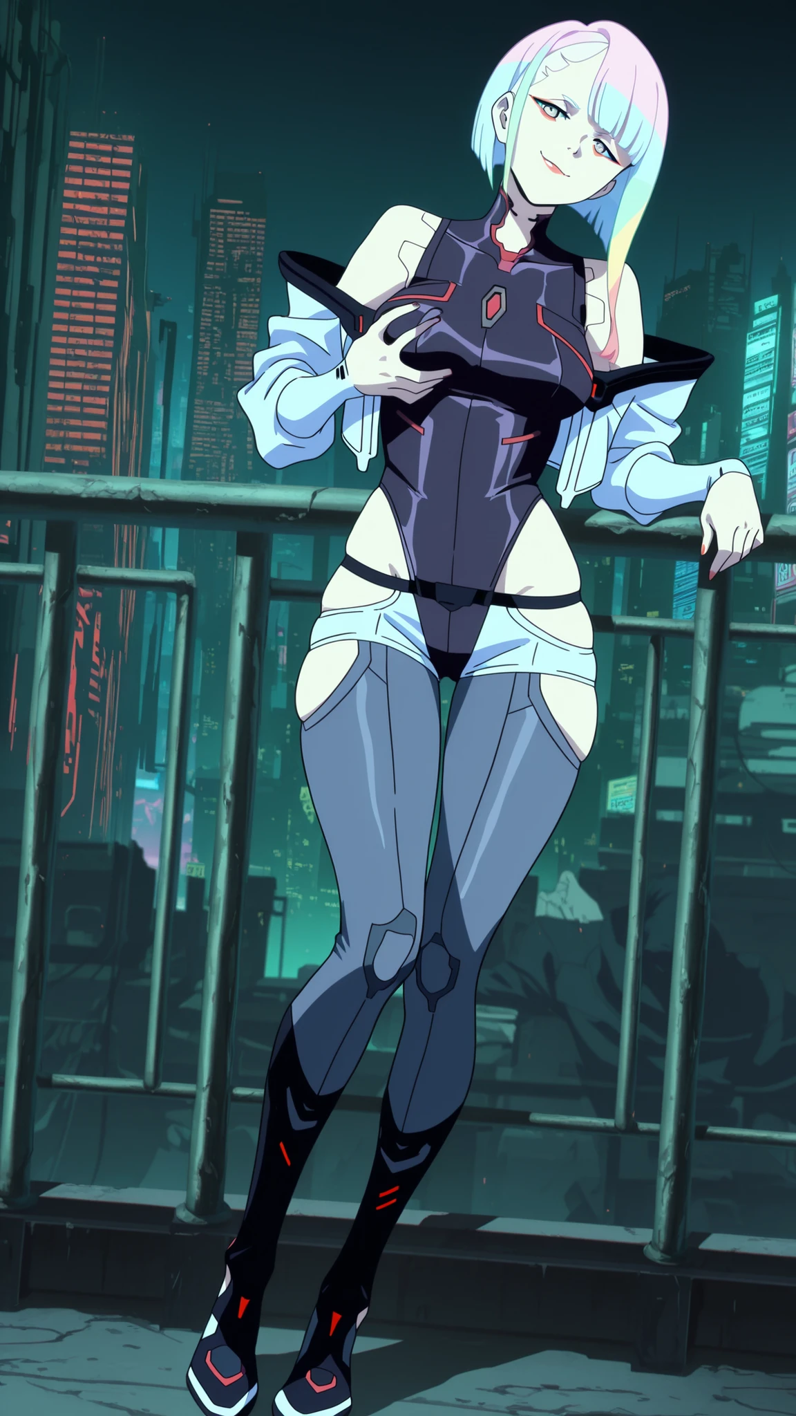 lucy, lucy (cyberpunk), short hair, bangs, blue eyes, blue hair, multicolored hair, makeup, multicolored eyes, mature female, breasts, anime screencap,bare hips, bodysuit, jacket, leotard, monowire, off shoulder, off-shoulder jacket, open clothes, open jacket, skindentation, sexy pose, seductive, flirting, looking at viewer, leaning on railings, grabbing her breast, smiling seductively, smug, front view, full body, cyberpunk city, night city, floating red-lit killer drones, outdoors railings, tall dystopian buildings