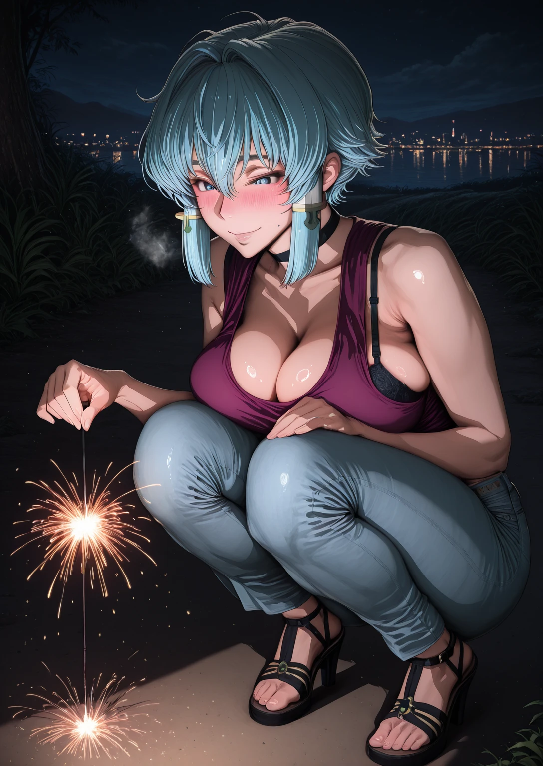 Sakuranotomoru, Hgk, (imizu_(nitro_unknown)-style:1.4), (j.k.-style:1.2), (code Geass-style:1.4), (voluptuous body:1.4), (mature female:1.4), (cellulite:1.3), ((anatomical correct)), ((Cinematic, unreal engine, eye-catching, ambient occlusion, UHD, masterpiece)), ((perfect lighting, soft shadow)), perfect body, perfect eyes, perfect fingers, gasping, heavy breathing, gasping profusely, ((skindentation)), ((curvy)), shino asada, asada shino, sinon, short hair, bangs, blue eyes, hair ornament, hair between eyes, blue hair, sidelocks, slit pupils, medium breasts, plump, 1girl, breasts, fireworks, sparkler, squatting, solo, choker, night, cleavage, bare_shoulders, pants, bra, sandals, smile, jeans, denim, blush, underwear, sleeveless, high_heels, toes, sky, collarbone, city_lights, black_bra, shirt, outdoors, night_sky, casual, purple_shirt, bra_peek, closed_mouth, toeless_footwear, breast_press, sleeveless_shirt