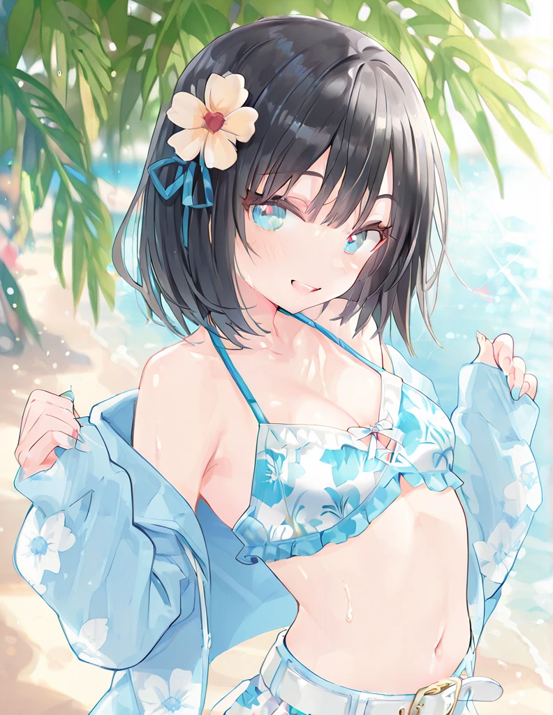 (cowboy shot), (ultra-high resolution, depth of field:1.2), 1woman, , (tan skin:1.4), brown eyes, (long straight black hair), ponytail, bangs, off-shoulder , light pink , light blue chocker, (light blue stripes), tight strap, gentle smile, pool, sunset