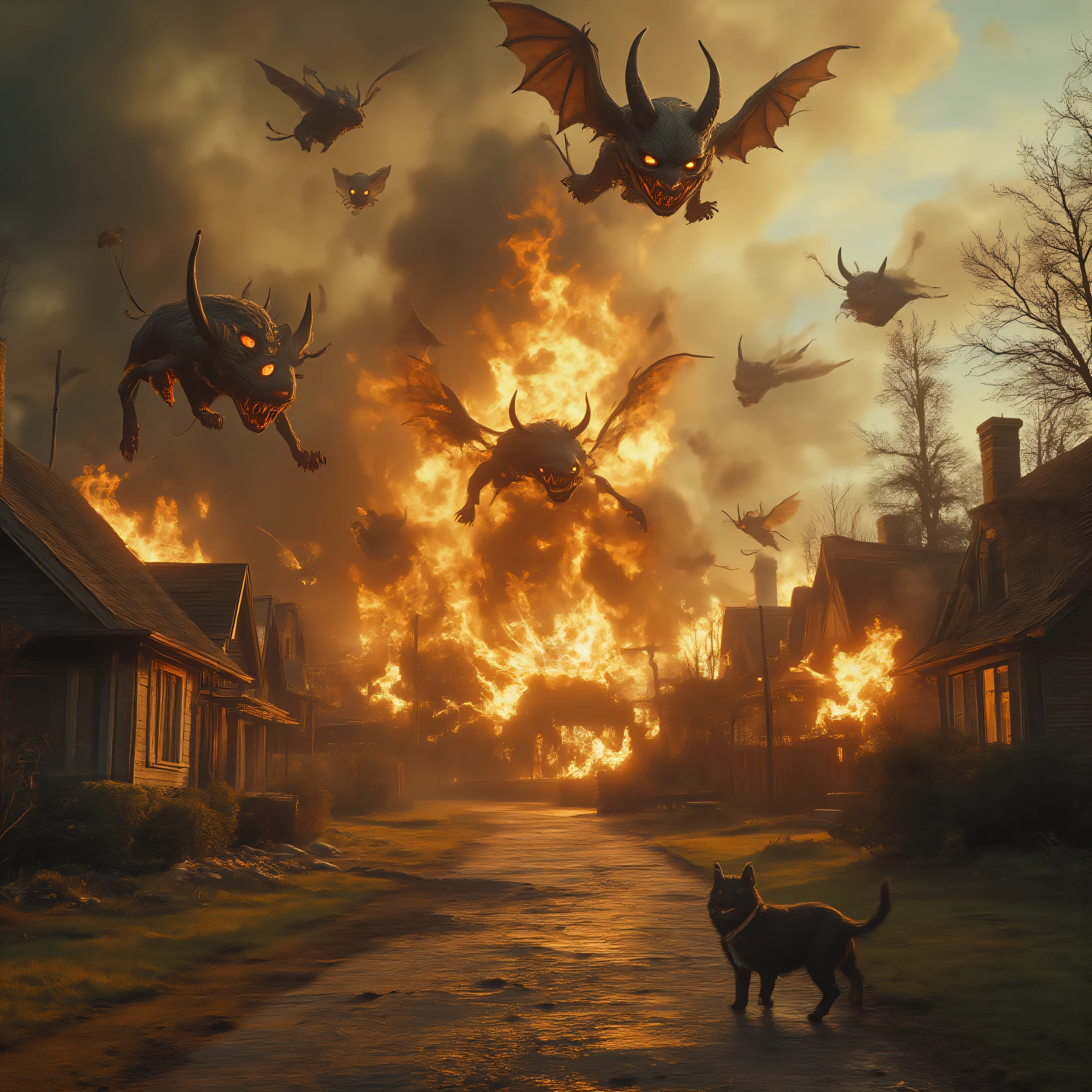A whole cul-de-sac of houses in a residential neighborhood is on fire and 6 are completely engulfed in flames. There are no people anywhere. A few dogs and cats watch the fire from afar.  Multiple views.The smoke from the house chokes the clean air of the bright sunny day.  Coming through the smoke are what appear to be demonic entities that fly in the air with horns, horrific faces with sharp teeth and tails. Smiling and enjoying the death and destruction. They are high and giddy from the horror they feel lucky to be a part of. Demons can clearly be seen flying through the flames and coming through the smoke Ultra-realistic, photorealistic, cinematic photography, cinematic lighting, physically-based rendering, 3D rendered realism,  best quality images, 8k, high-res, attention to details, Cinematography,  a masterpiece