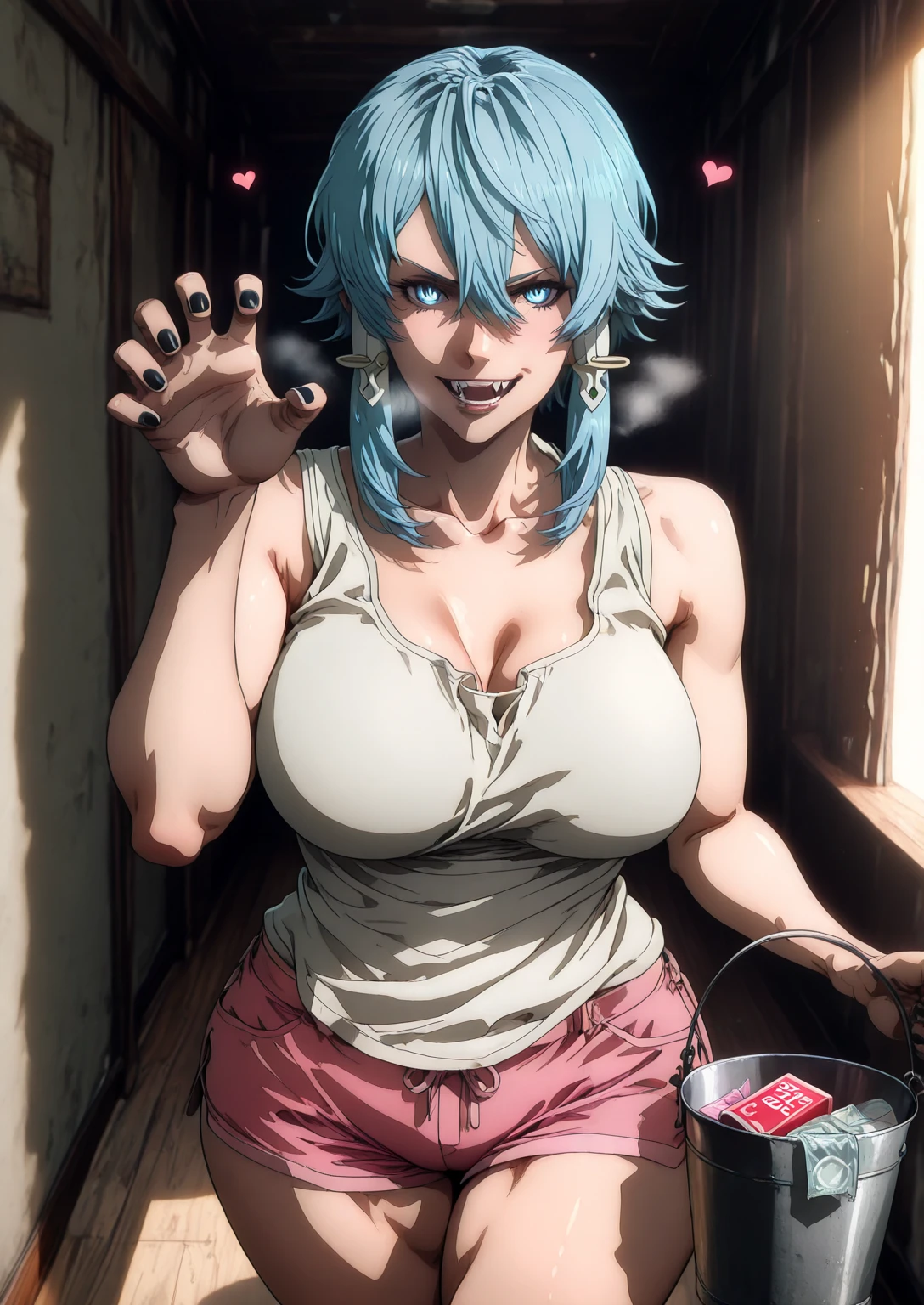 Babu-style, Hgk, (yoshio_(55level)-style:1.2), (imizu_(nitro_unknown)-style:1.4), (packge-style:1.2), (oosawara_sadao-style:1.4), (j.k.-style), (anime coloring, anime screencap), shiny skin, (voluptuous body:1.4), (mature female:1.4), (cellulite:1.3), ((anatomical correct)), ((Cinematic, unreal engine, eye-catching, ambient occlusion, UHD, masterpiece)), ((perfect lighting, soft shadow)), perfect body, perfect eyes, perfect fingers, gasping, heavy breathing, gasping profusely, ((skindentation)), ((curvy)), shino asada, asada shino, sinon, short hair, bangs, blue eyes, hair ornament, hair between eyes, blue hair, sidelocks, slit pupils, medium breasts, plump, hearts, pleasured, 1girl, breasts, mature female, solo, White shirt, sleeveless, standing, claw pose, holding bucket, looking at viewer, fangs, smirk, collarbone, condom, condom box, thighs, curvy, hallway, dim light, black nails, dolphin shorts, short shorts,pink shorts,