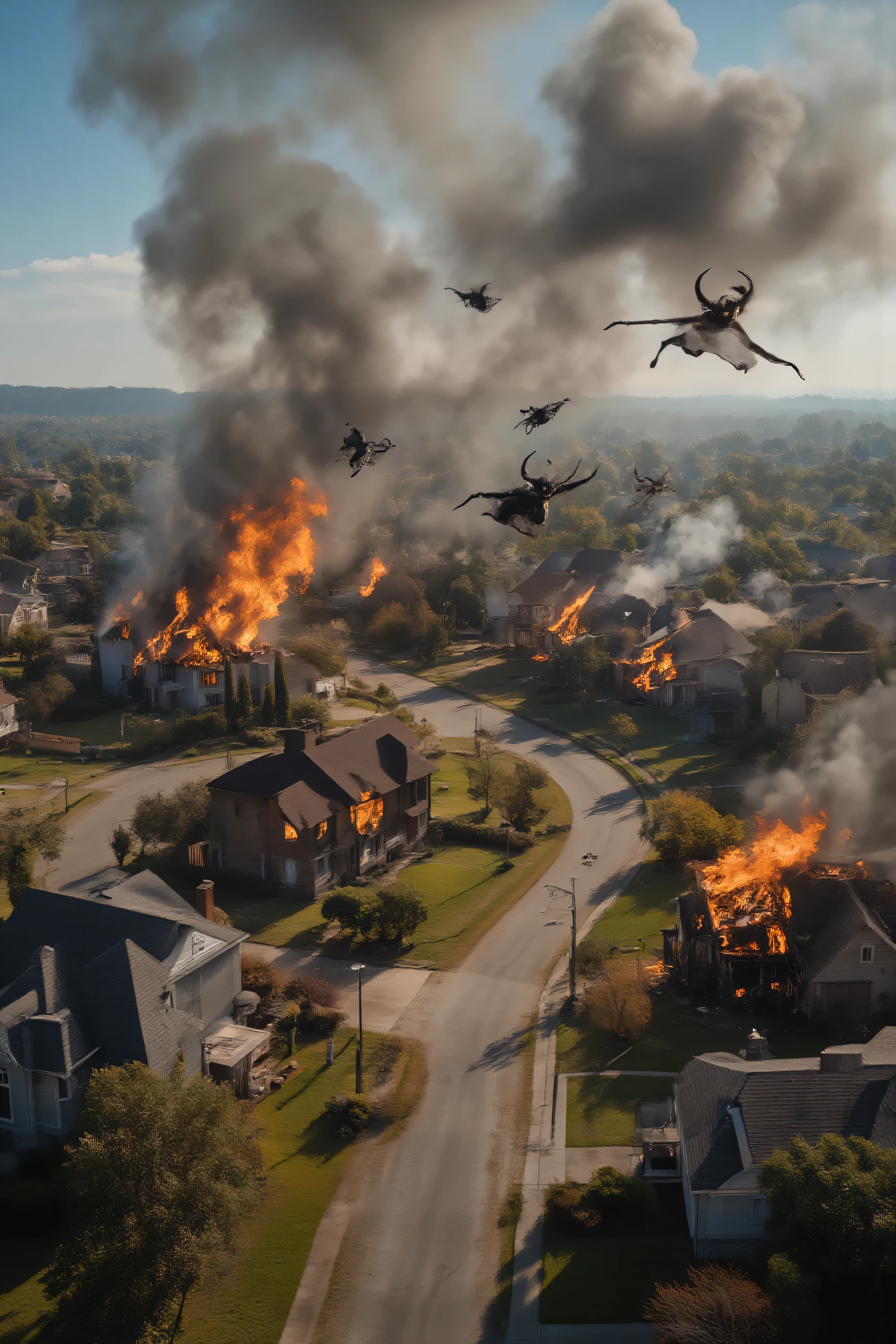 A whole cul-de-sac of houses in a residential neighborhood is on fire and 6 are completely engulfed in flames. There are no people anywhere. A few dogs and cats watch the fire from afar.  Multiple views, perspective,  from above. The smoke from the house chokes the clean air of the bright sunny day.  Coming through the smoke are what appear to be demonic entities that fly in the air with horns and tails. Smiling and enjoying the death and destruction. They are high and giddy from the horror they feel lucky to be a part of. Demons can clearly be seen flying through the flames and coming through the smoke Ultra-realistic, photorealistic, cinematic photography, cinematic lighting, physically-based rendering, 3D rendered realism,  best quality images, 8k, high-res, attention to details, Cinematography,  a masterpiece