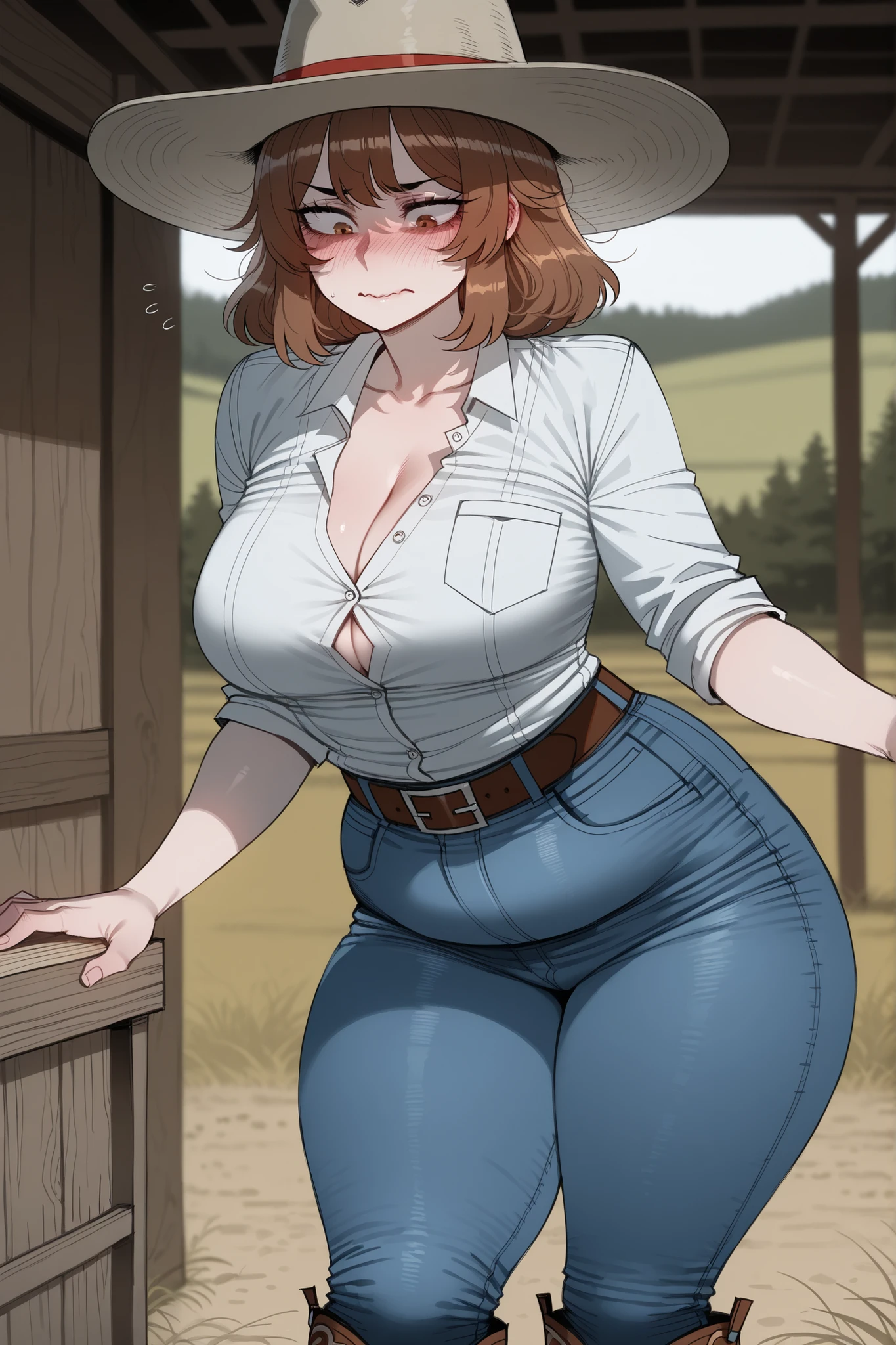  ((highres)), Masterpiece, high quality, best quality, beautiful, perfect lighting, detailed face, ultra cute face, ((1girl)), ((solo), short red hair, fluffy hair, blue eyes, freckles, (blush), affectionate smile, looking at viewer, hand on hip, arm at side, farm, daytime, flannel shirt, jeans, boots, (?????????????), perky ???????, wide ????, thick thighs, 