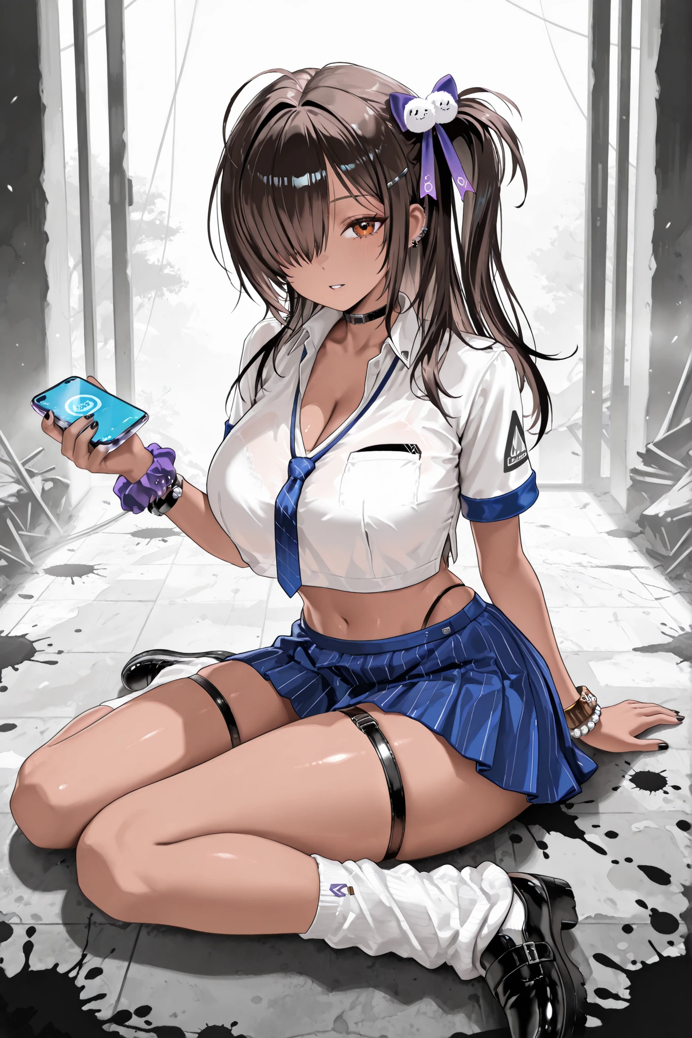 choker, collared shirt, short sleeves, blue necktie, crop top, highleg panties, blue skirt, pleated skirt, white socks, loose socks, black shoes, single thigh strap, black nail, single wrist scrunchie, bracelet,naga_nikke, dark skin, brown eyes, hair over one eye, brown hair, long hair, side ponytail, hairclip, hair ornament, purple ribbon, ear piercing,monochromemuse, monochrome, greyscale, ink splatter,masterpiece, best quality, detailed, highly detailed, ultra detailed, extremely detailed CG, high resolution, 8K, unreal engine, unity 8k wallpaper,super detailed skin, detailed beautiful eyes, detailed beautiful face, highly detailed background, elaborately designed clothes,close up