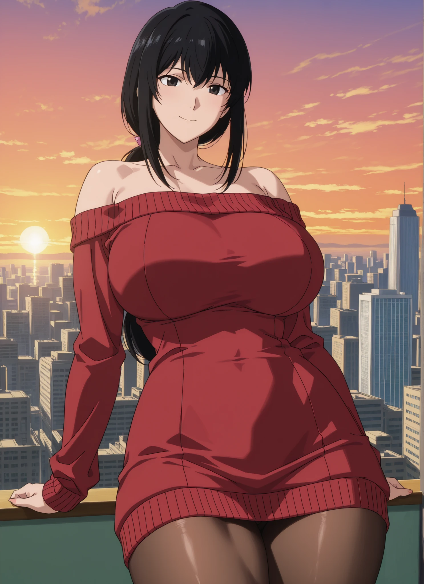 newest , masterpiece , anime screencap , anime coloring , masterpiece, best quality , yukishiro tomoe,2025s \(style\), black eyes, long hair, black hair, big breasts, big buttocks, glamorous bodies, attractive bodies, thick thighs, Toned thighs, Smile,view detailed body, ((off shoulder , off-shoulder dress , off-shoulder sweater , pantyhose , red sweater , sweater , sweater dress , thighs,)), city manila, ((Sexy,))) sunset,