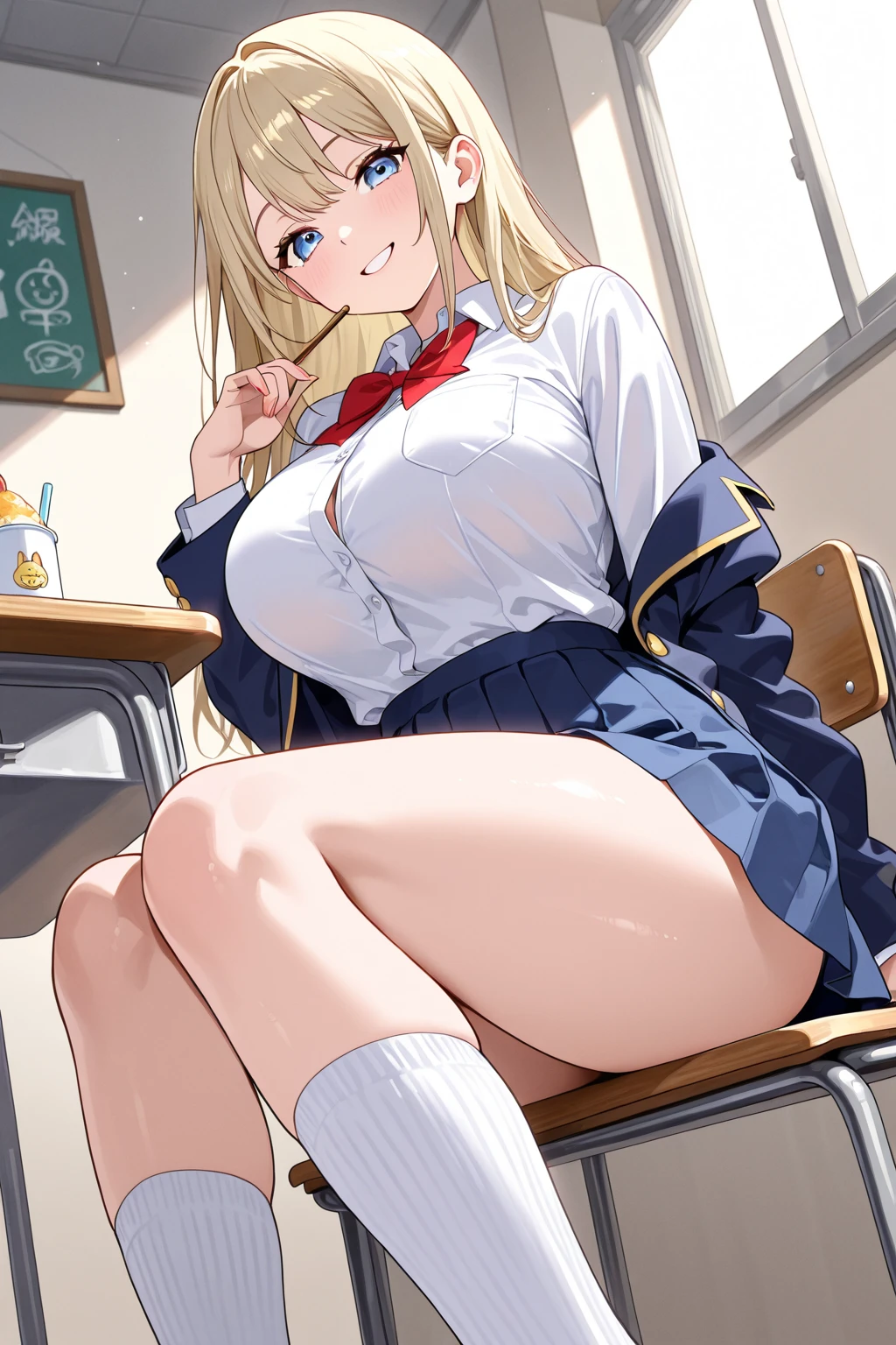 (((Spread your legs、Shooting from below))、(((Accentuate the crotch)))、Highest quality, 8k, masterpiece :1.3)), whole body, Sharp focus :One Girl,Glowing Skin,SSexy pose,Highest quality,Tabletop,shape,Very delicate and beautiful,Hmph,8k壁紙,wonderful,In detail,Official Art,Very detailedなティッカーUnity 8k壁紙,Incredibly ridiculous,Large file size,Very detailedな,High resolution,Very detailed,Beautiful detailed girl,Realistic,X-ray,The queue is full,(((Uniform Blazer、mini skirt)))、(((Big Breasts、blonde)))、(((School、classroom、Wearing tights)))、Stand upright、Cleavage , ((Long golden hair))、Uniform Blazer、Sexy pose、Hairstyle: Long Hair、both hands、Wearing tights