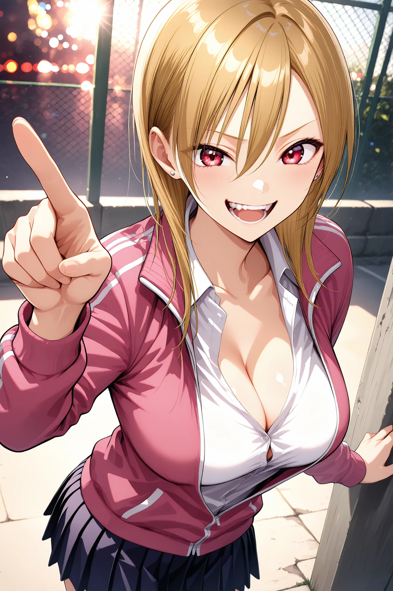 Anime Beautiful Girl, Pointing pose, Laughter, showing teeth, beautiful skin, Slender Body, akutu_riko, red eyes, blonde hair, medium hair, hair between eyes, ear piercing, cleavage, pink track jacket, white shirt, collared shirt, pleated skirt,  beautiful rainbow eyes , Cyberlighting, Concrete fence, EXQUISITE AND REALISTIC, soft lighting, Warm Colors, Beautiful bokeh, 4K rendering. 