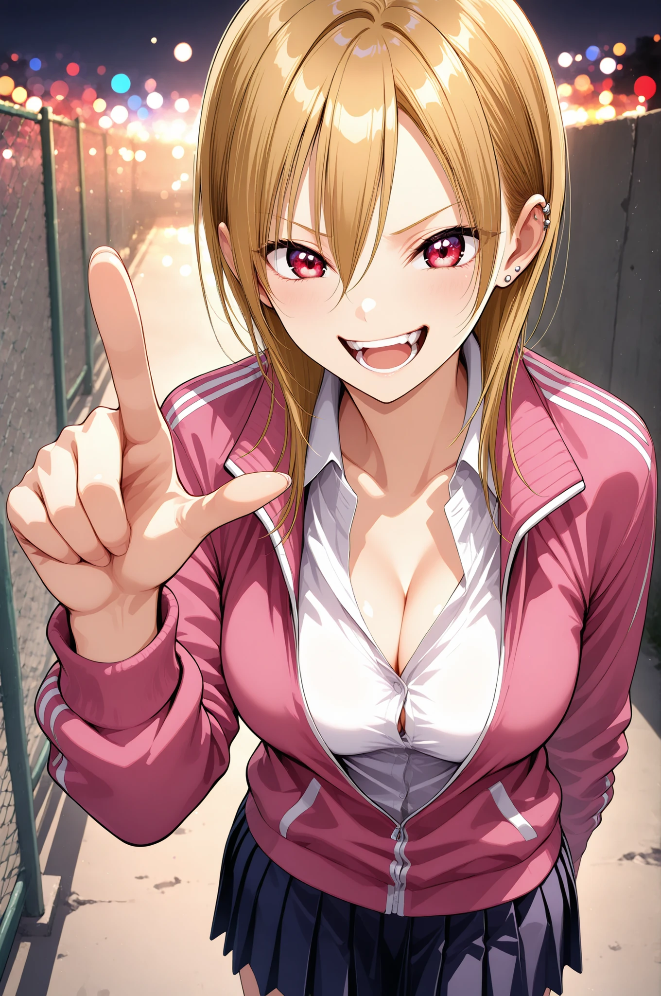 Anime Beautiful Girl, Pointing pose, Laughter, showing teeth, beautiful skin, Slender Body, akutu_riko, red eyes, blonde hair, medium hair, hair between eyes, ear piercing, cleavage, pink track jacket, white shirt, collared shirt, pleated skirt,  beautiful rainbow eyes , Cyberlighting, Concrete fence, EXQUISITE AND REALISTIC, soft lighting, Warm Colors, Beautiful bokeh, 4K rendering. 